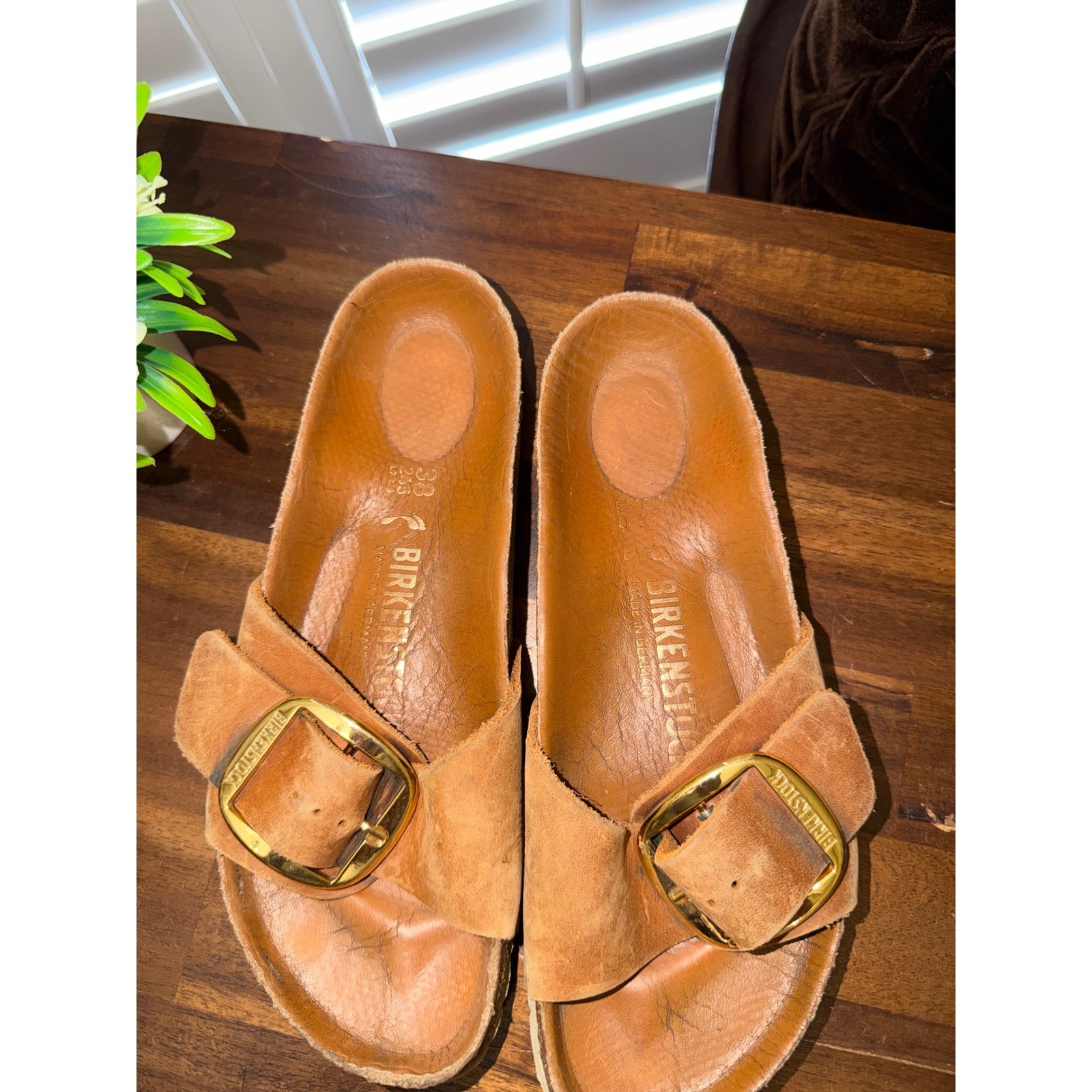 Birkenstock Madrid Big Buckle Cognac Leather Slide Sandals Gold Buckle Size 38