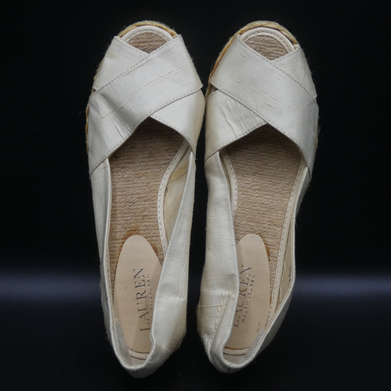 Lauren Ralph Lauren Cecilia Tan Beige Shantung Peep Toe Espadrille Wedge Size 7