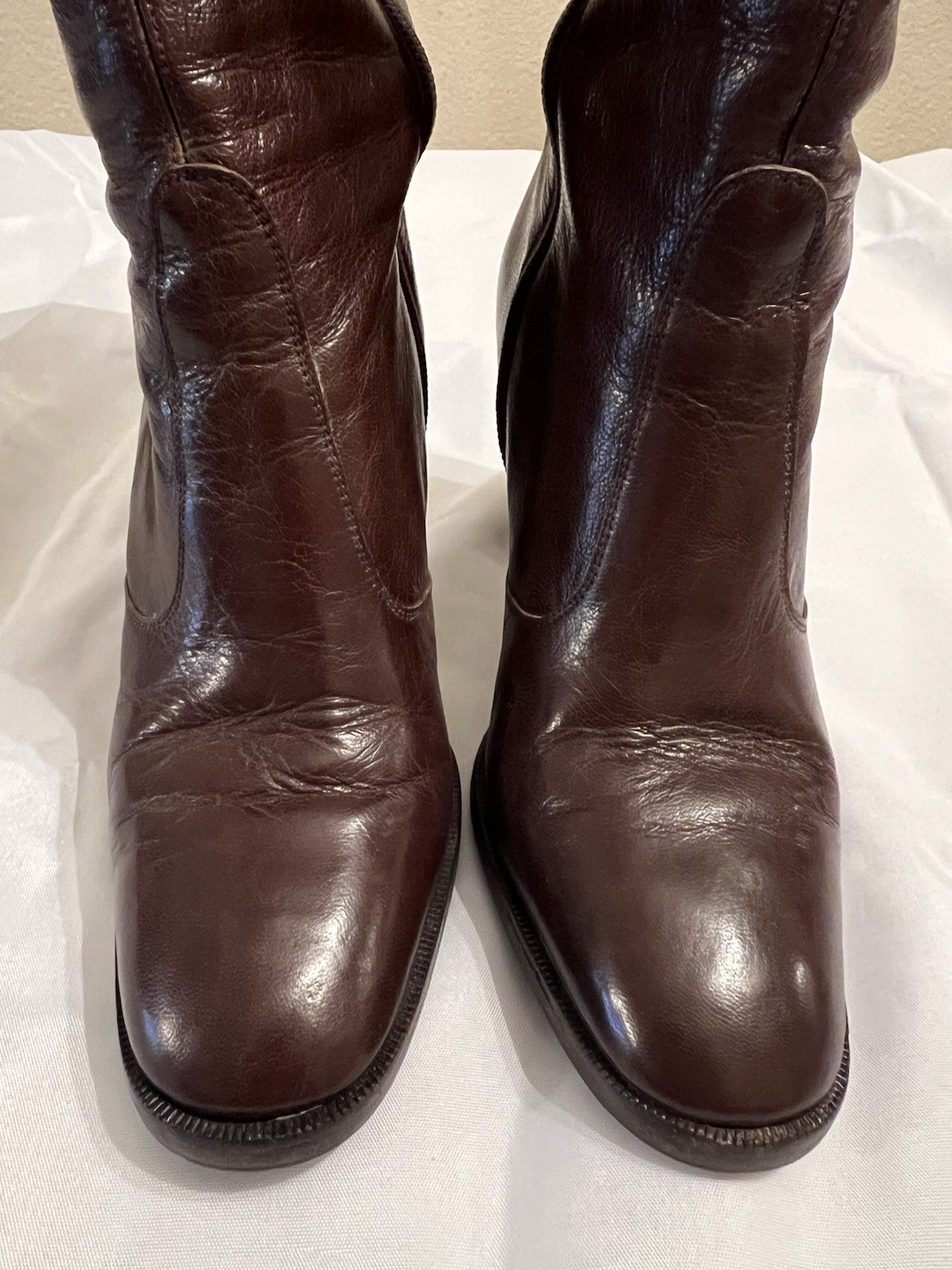 70s Vintage Halston Brown Leather Knee High Boots Womens 7M Block Heel Zip Italy