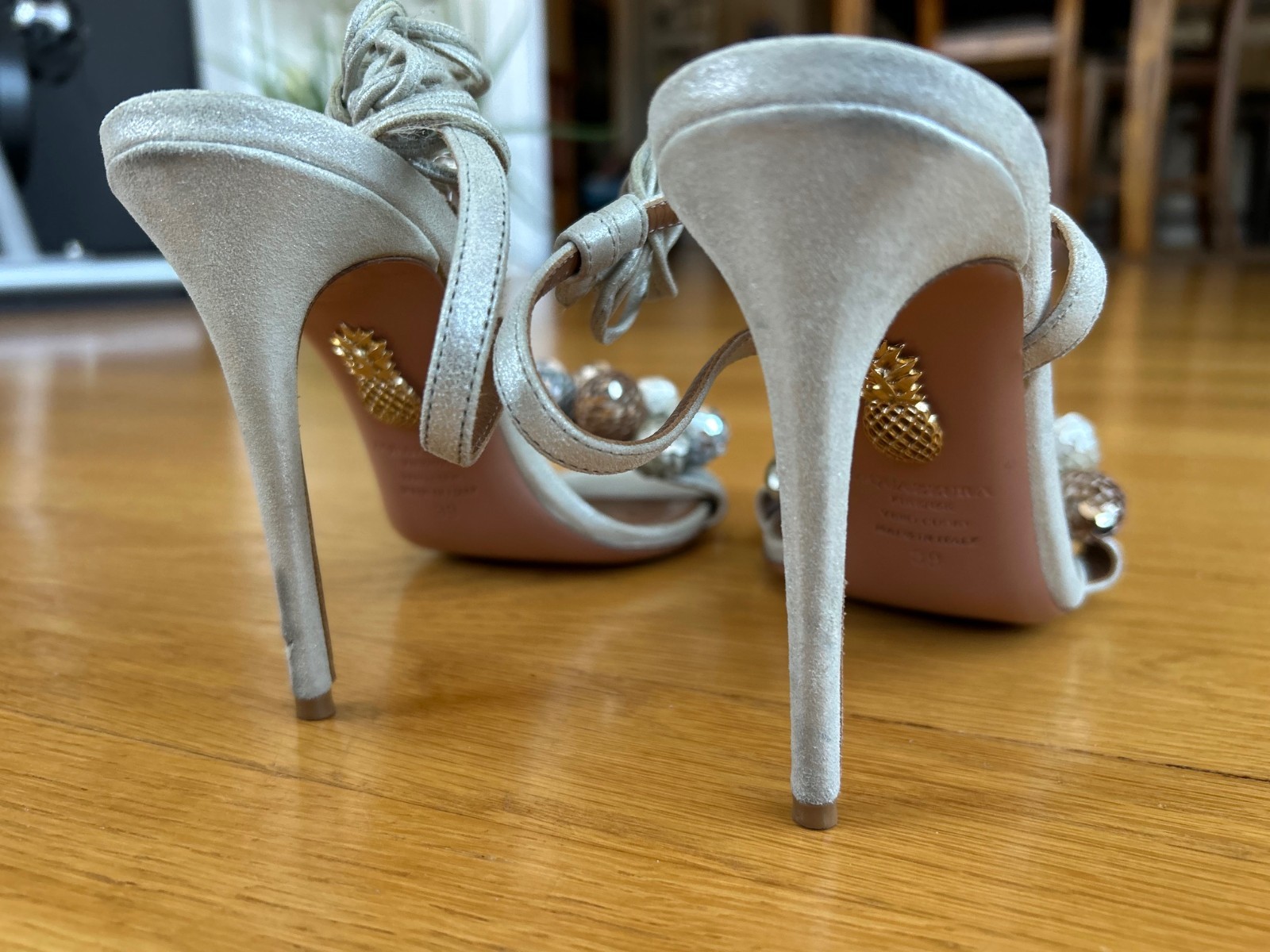 AQUAZZURA Metallic & Nude Disco Thing Suede Sequined Pom-Pom Sandals IT 39 Good