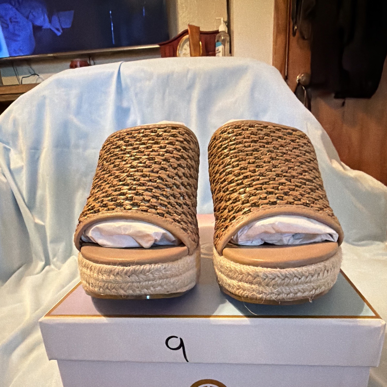 Casella New York Brown/Beige Leather Woven Wedge Slide Sandals Women’s US 9 M