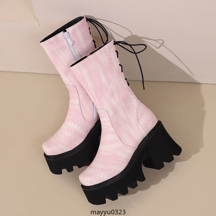 Womens Platform High Block Heel Zip Square Toe Casual Ankle Boots Shoes Biker