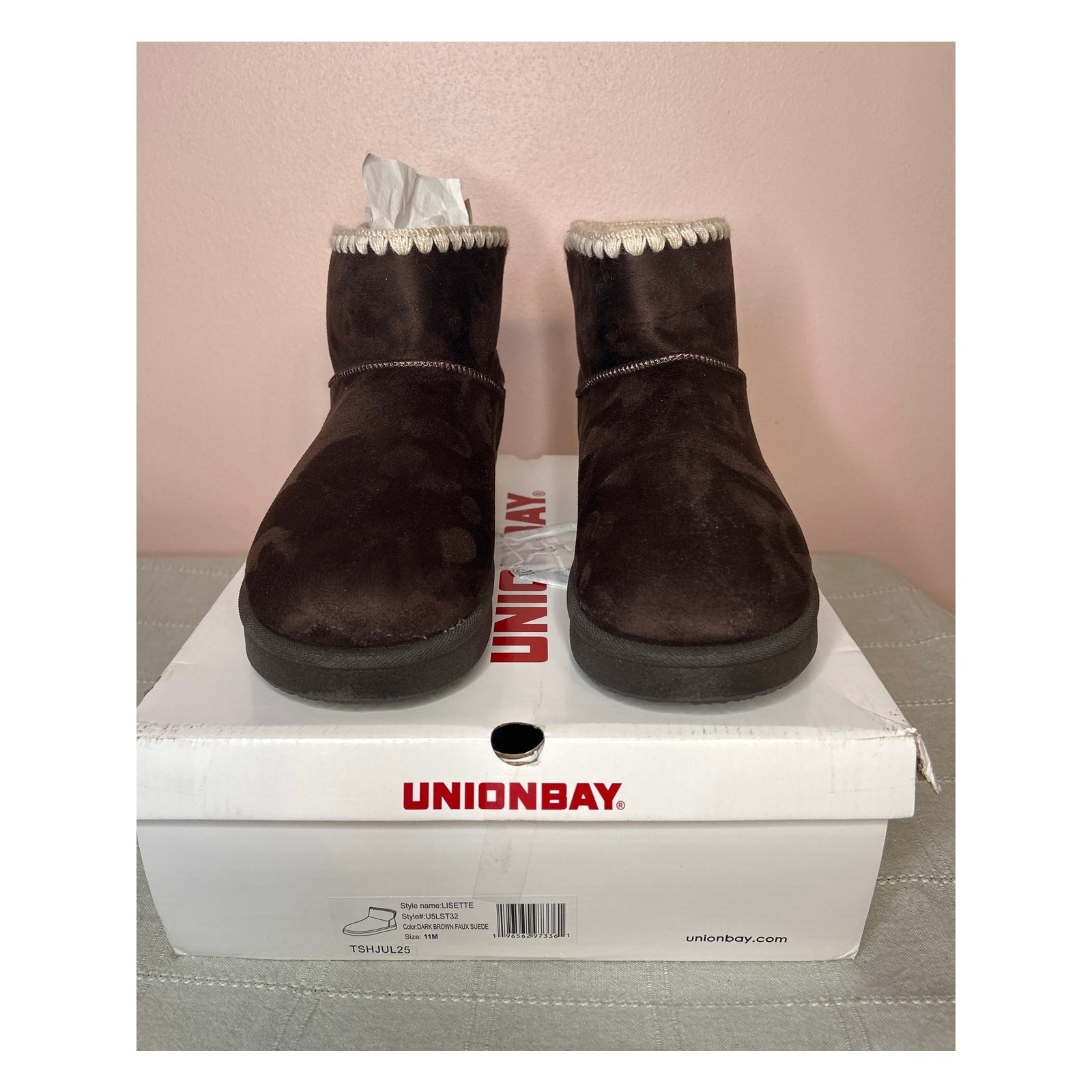 Unionbay Lisette Women’s Dark Brown Faux Suede Faux Fur Lined Ankle Boot Sz 11 M
