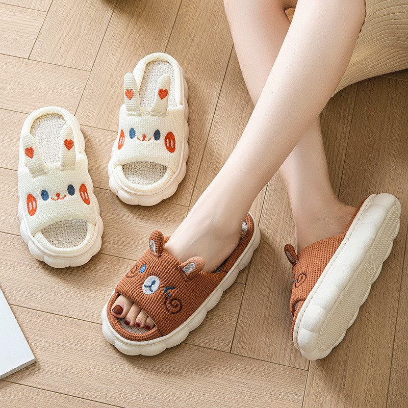 Cartoon Bear Rabbit Couple Slippers Open Toe Cotton Linen House Shoes