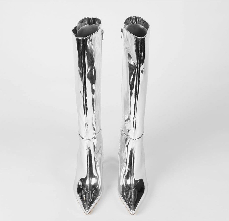 Mirror Silver Knee High 3.6” Stiletto Heel NIB, The Drop Size 8.5