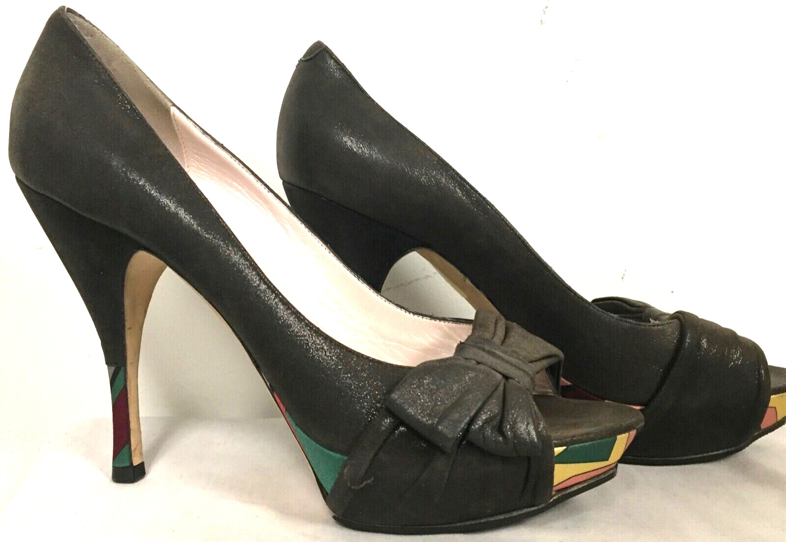 EMILIO PUCCI BROWN SUEDE FEEL W METALLIC PLATFORM PEEP TOE STILETTO PUMPS 38.5