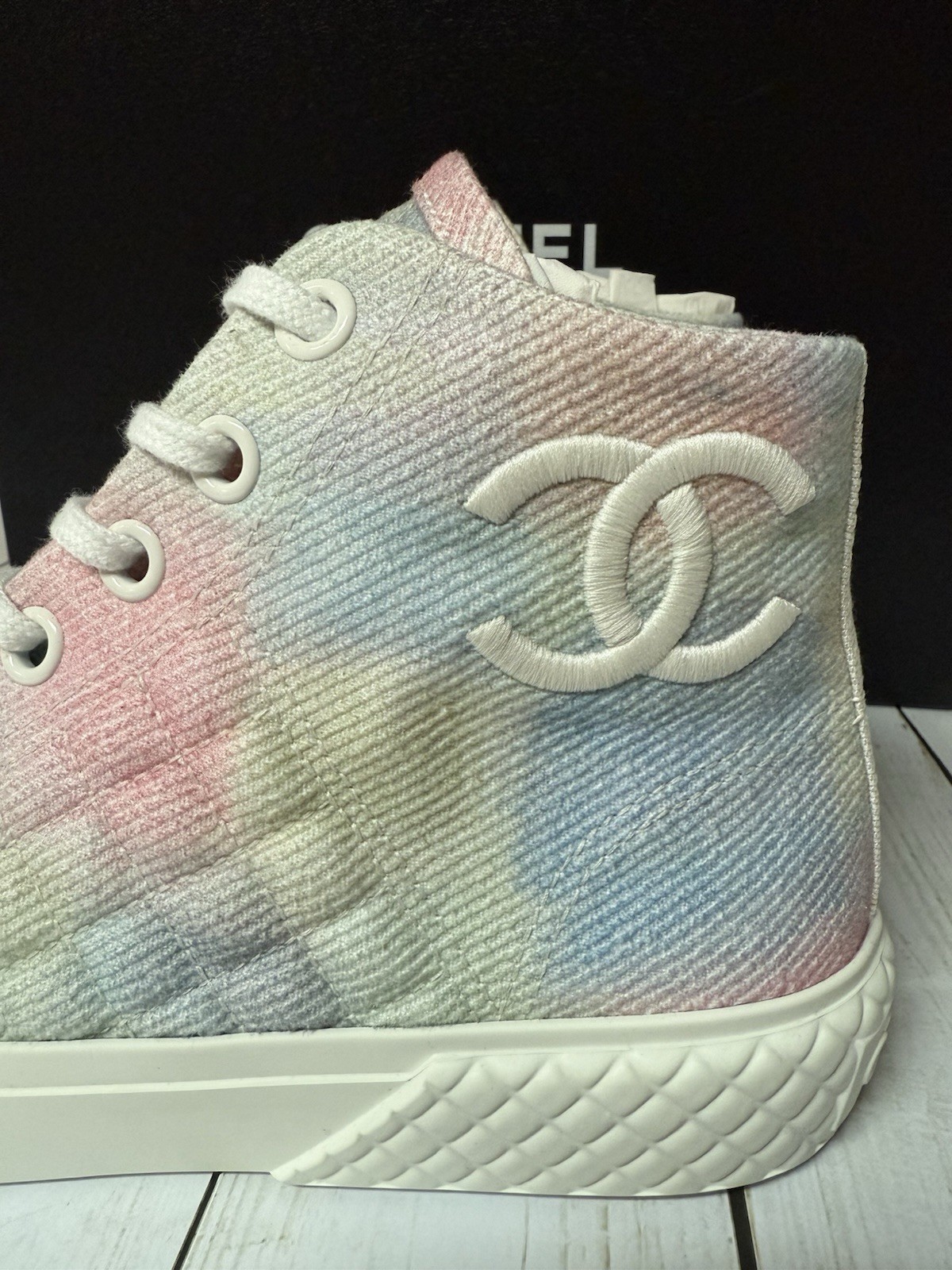 CHANEL Printed Fabric Quilted High Top Sneakers Green Pink Blue Sz 36 / 6