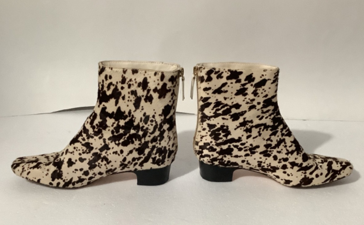 J Crew Roxie Zip-back Ankle Boots in Calf Hair spotted real calf fur Sz 7