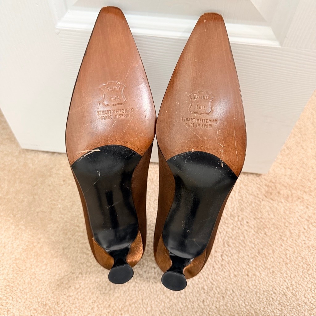 Stuart Weitzman Bronze Sparkle Lame Mary Jane Evening Kitten Heels Size 9