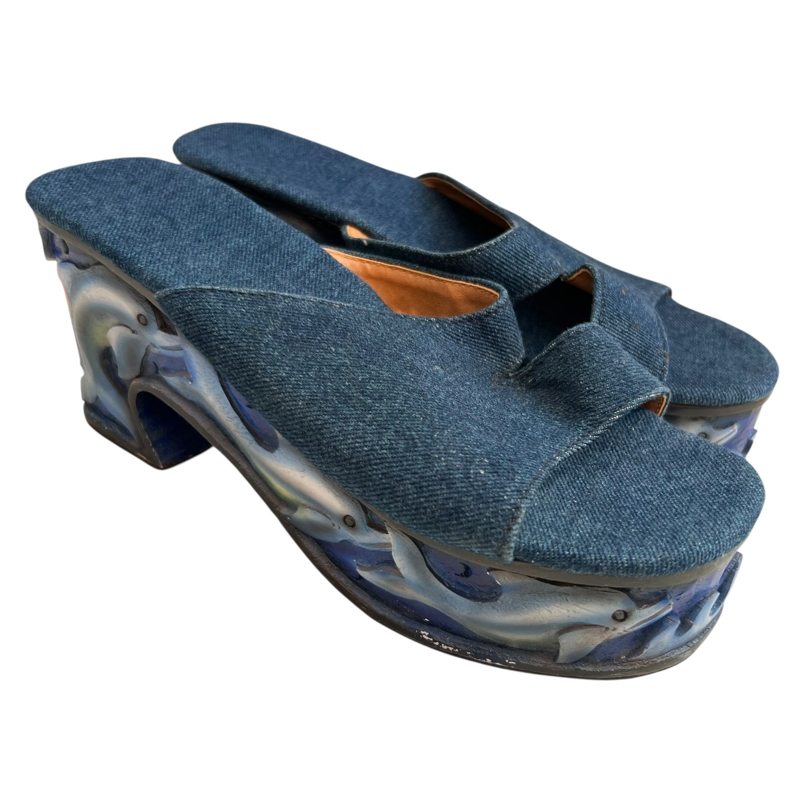 Vintage 90s platform sandals blue denim carved wood dolphins 40 slide chunky
