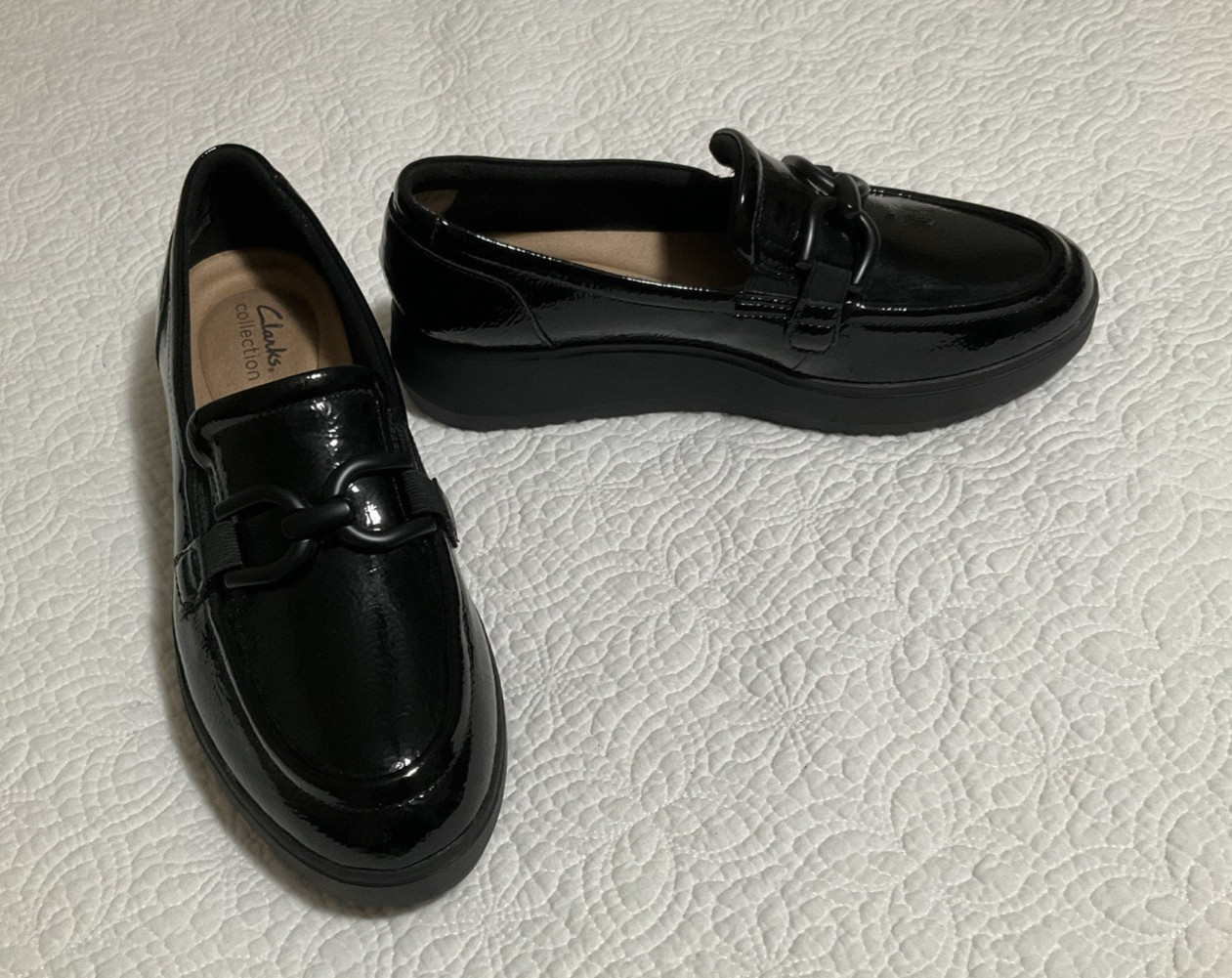 Clarks Originals Sz 9.5M Zylah May Black Crinkle Pat Wedge Platform Shoes