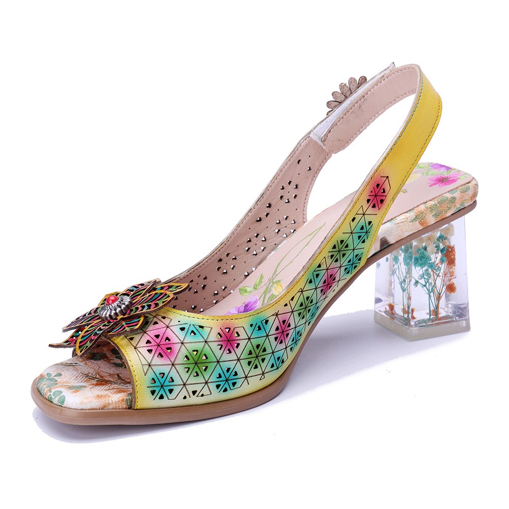2026 Womens Real Leather Polished Retro Block Heels Hollow Out Flower Sandals