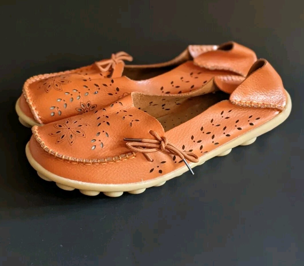 Kunsto Leather Loafers Slip On Shoes Comfort Orange Moc Flats Women’s 44 / 270