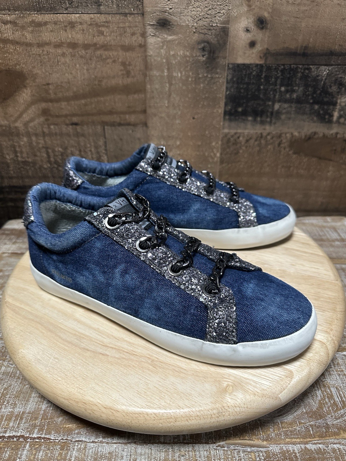 Vintage Havana Denim Glitter Chain Sneakers Womens 9 Blue Fashion Casual Shoes