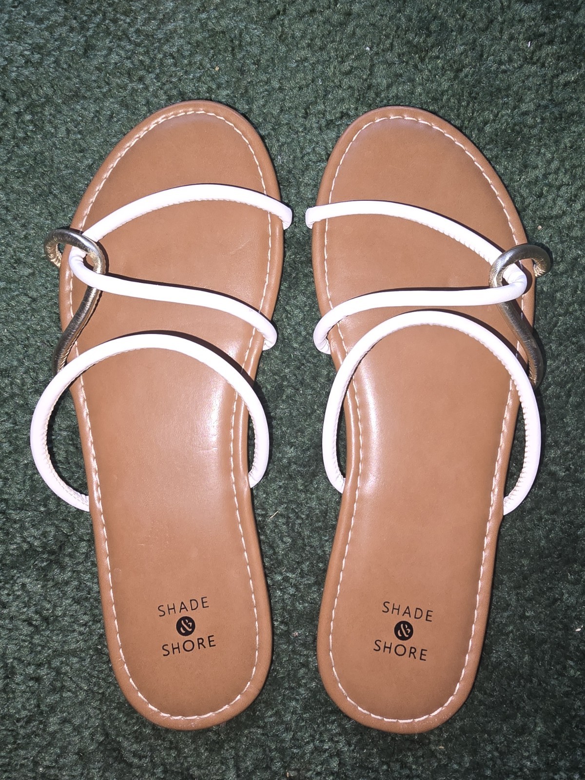 Shade & Shore Strappy Slip-On Sandals Brown White Gold Metal Ring Size 8