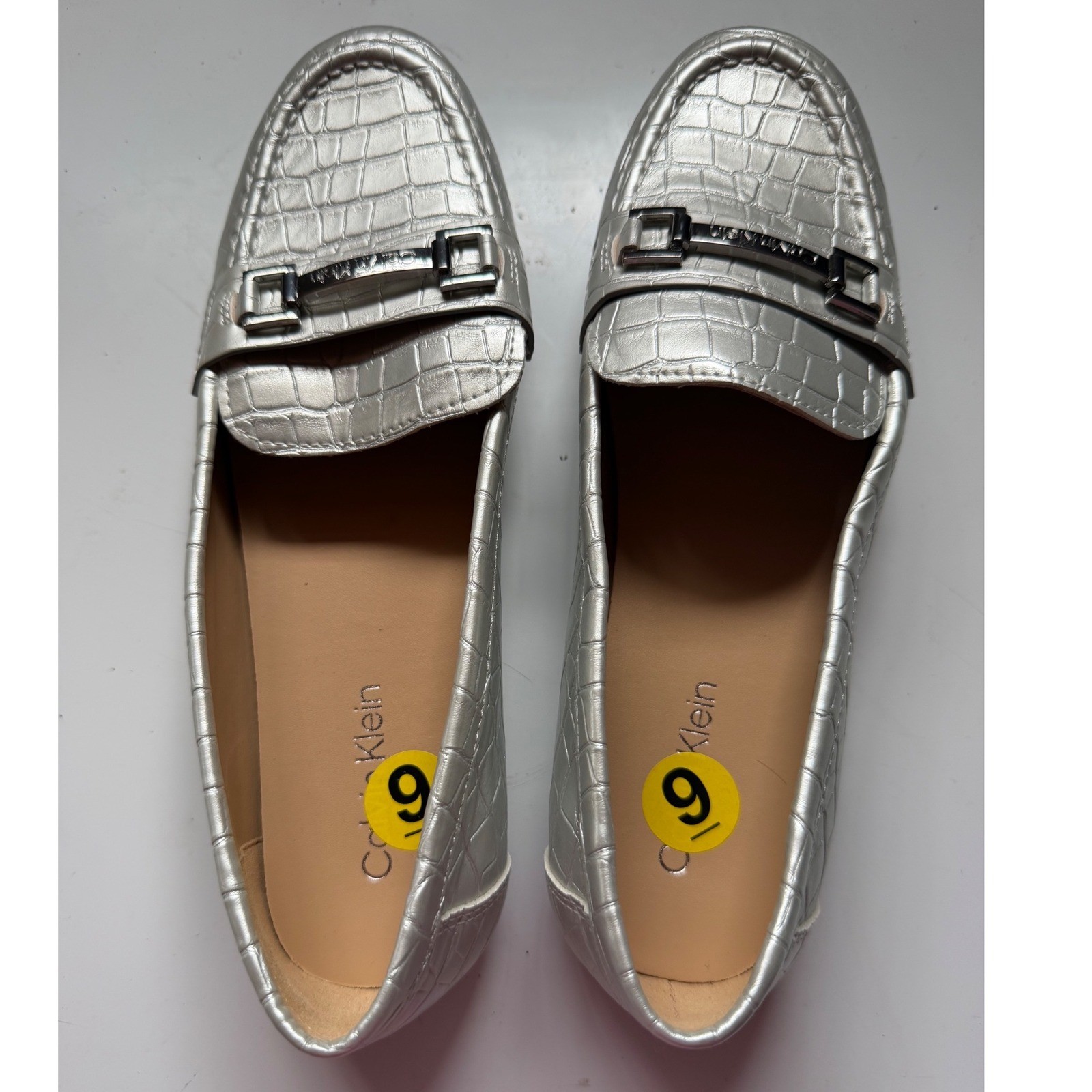 Calvin Klein Lolina Silver Croc Embossed Metallic Loafers Driver Flats 9M