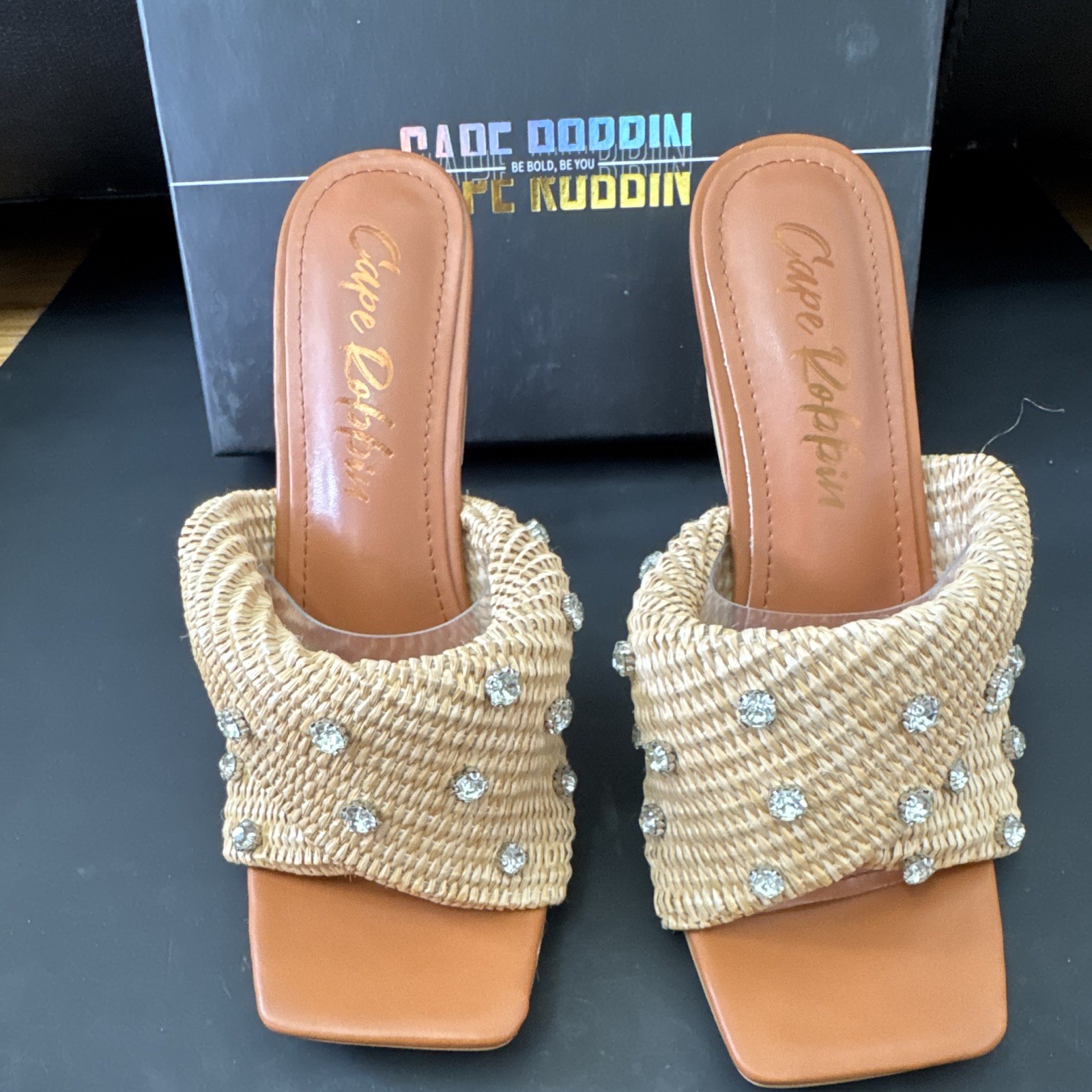 Cape Robbin Beige/Brown Woven Fabric Rhinestone Mule Square Toe Stiletto US 10
