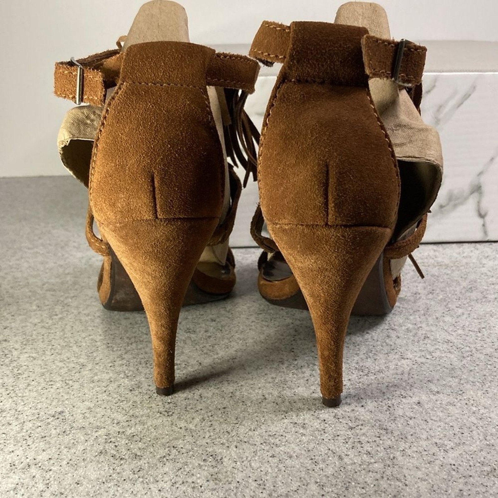 Size 8 Steven‎ by Steve Madden brown suede fringe 4” heels Box 6