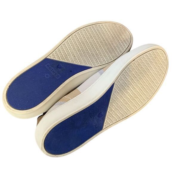 Rothy’s Birch Stripe Slip On Sneaker in tan, blue silver and white. Size 10