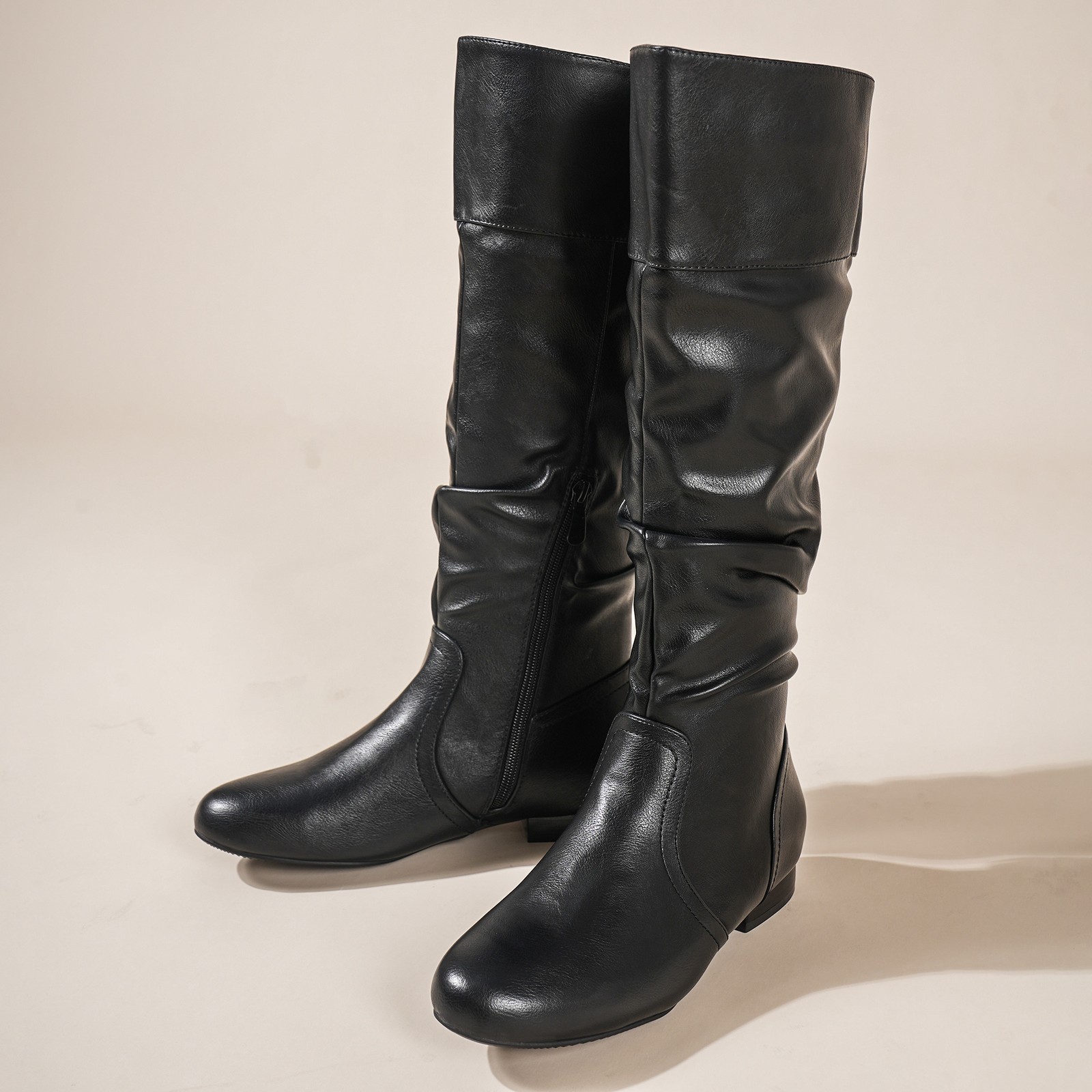 Women Flat Low Heel Knee High Boots Faux Fur Lining Side Zipper Booties