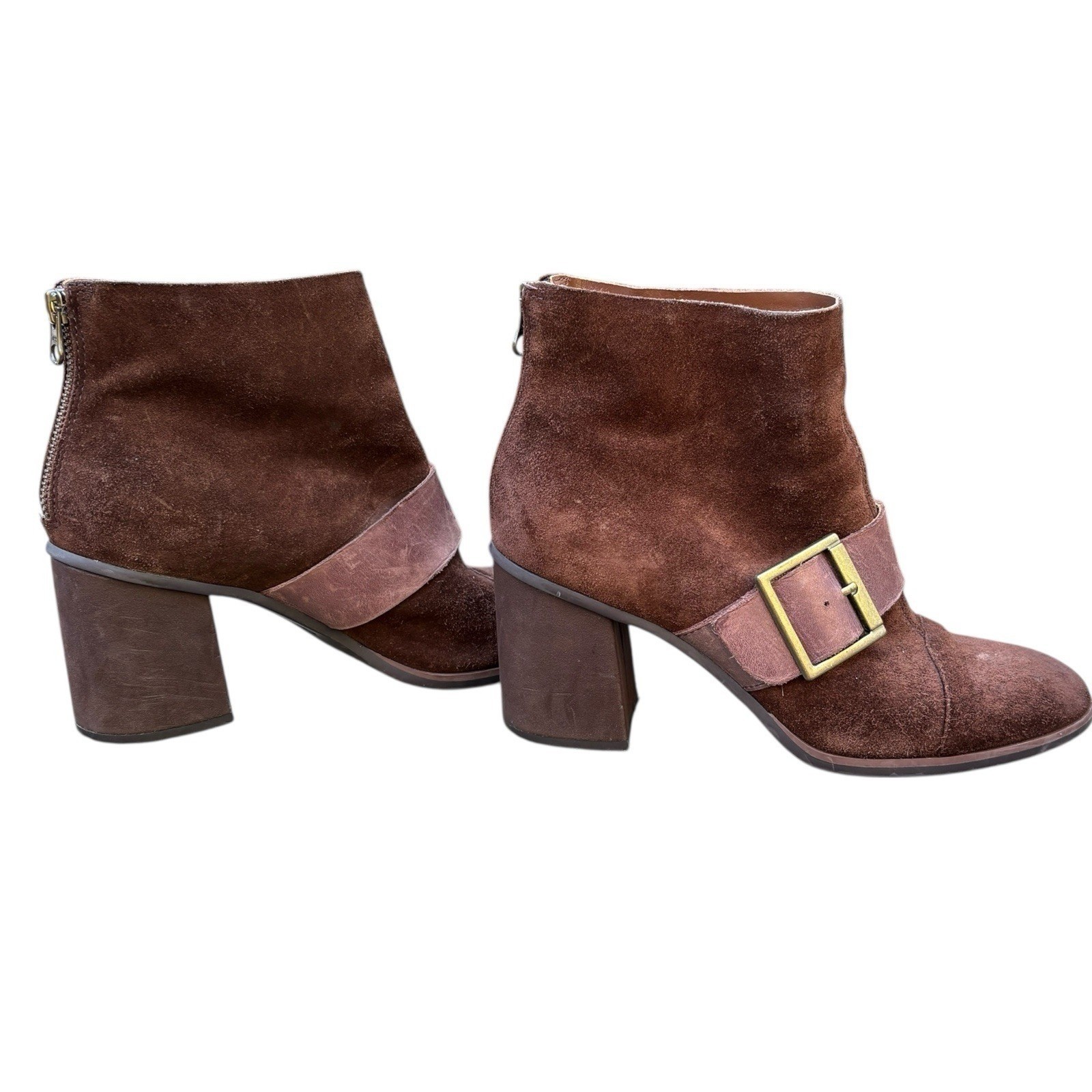 Korks Womens 7.5M Ankle Boots Chocolate Brown Suede Leather Buckle Block Heel
