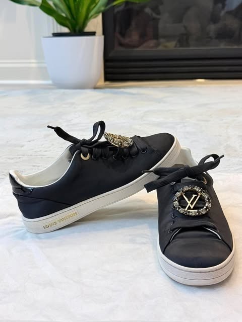 Louis Vuitton Women’s Black Satin Sneakers with Crystal LV Logo Charm Size 36