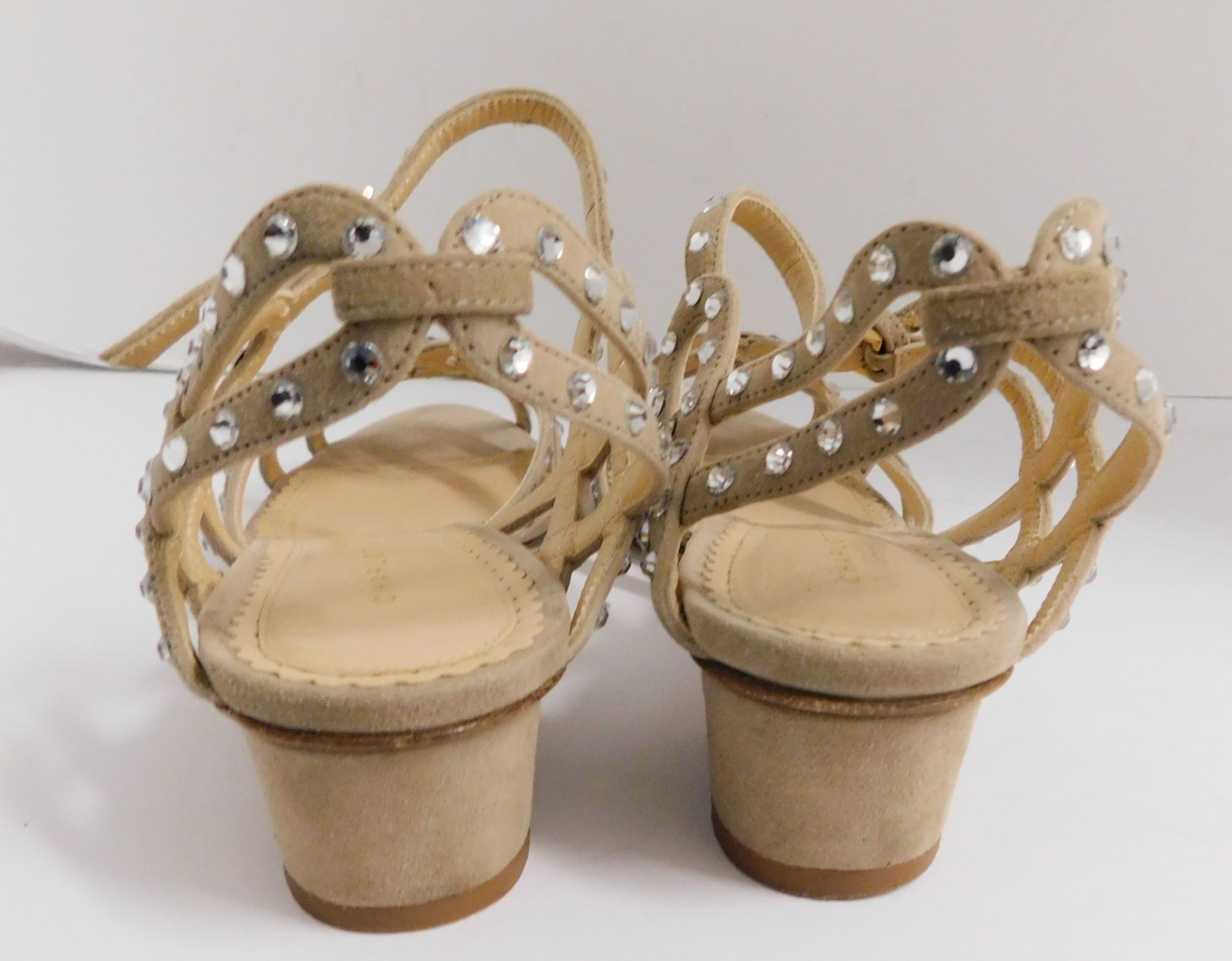 CHARLOTTE OLYMPIA Beige Suede Leather Crystal Jeweled Strappy Heels Sandals 36.5
