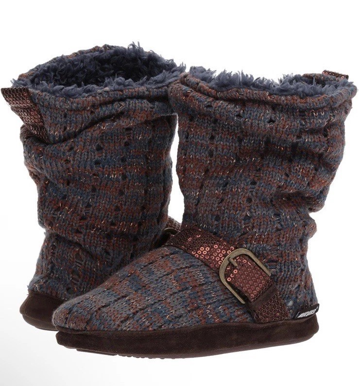 NWT Lia Bootie Slippers By Muk Luks Blue With Bronze Sequins & Thread