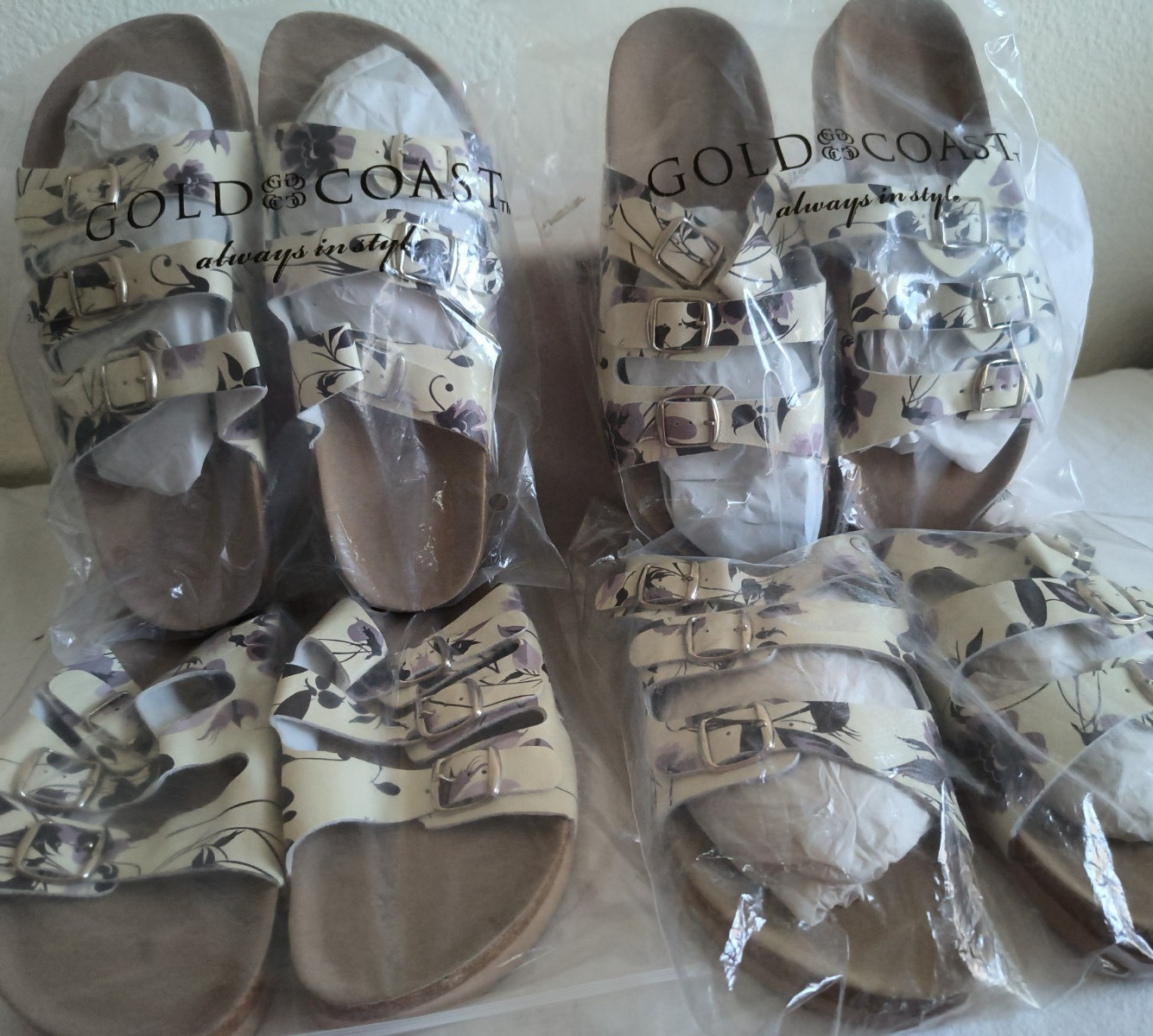 NEW Woman Gold Coast TRIPLE BUCKLE STRAPS SLIDE SANDALS Size 9.5 COMFORT FLORAL