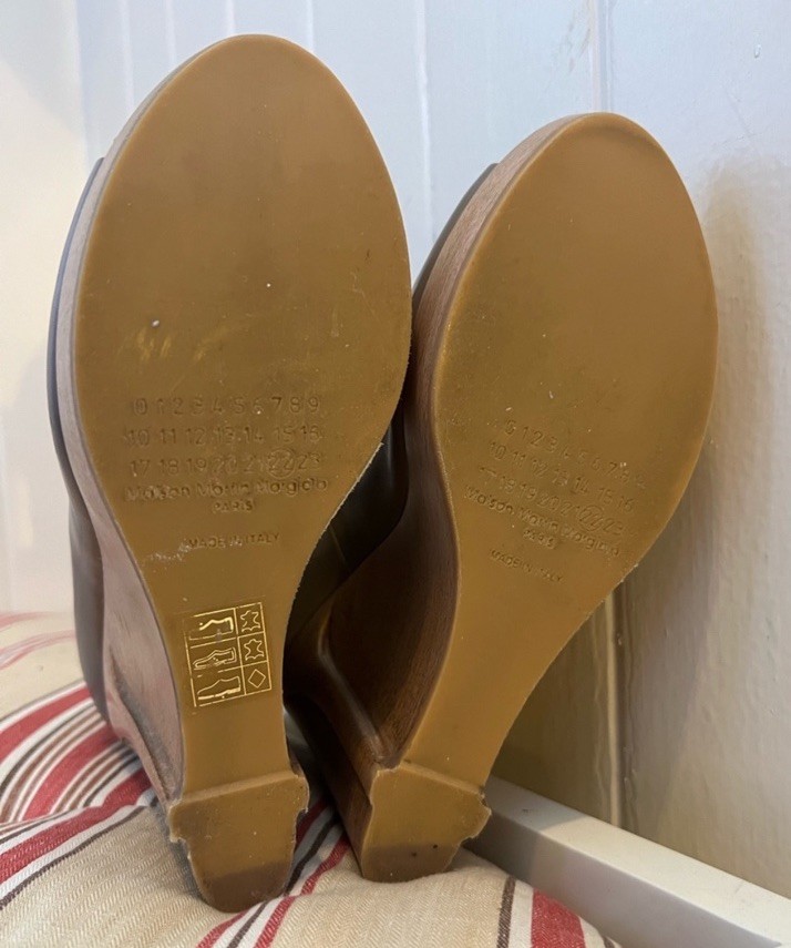 Maison Martin Margiela Taupe Peep-Toe Wood Wedge Heels Size 38 US 8