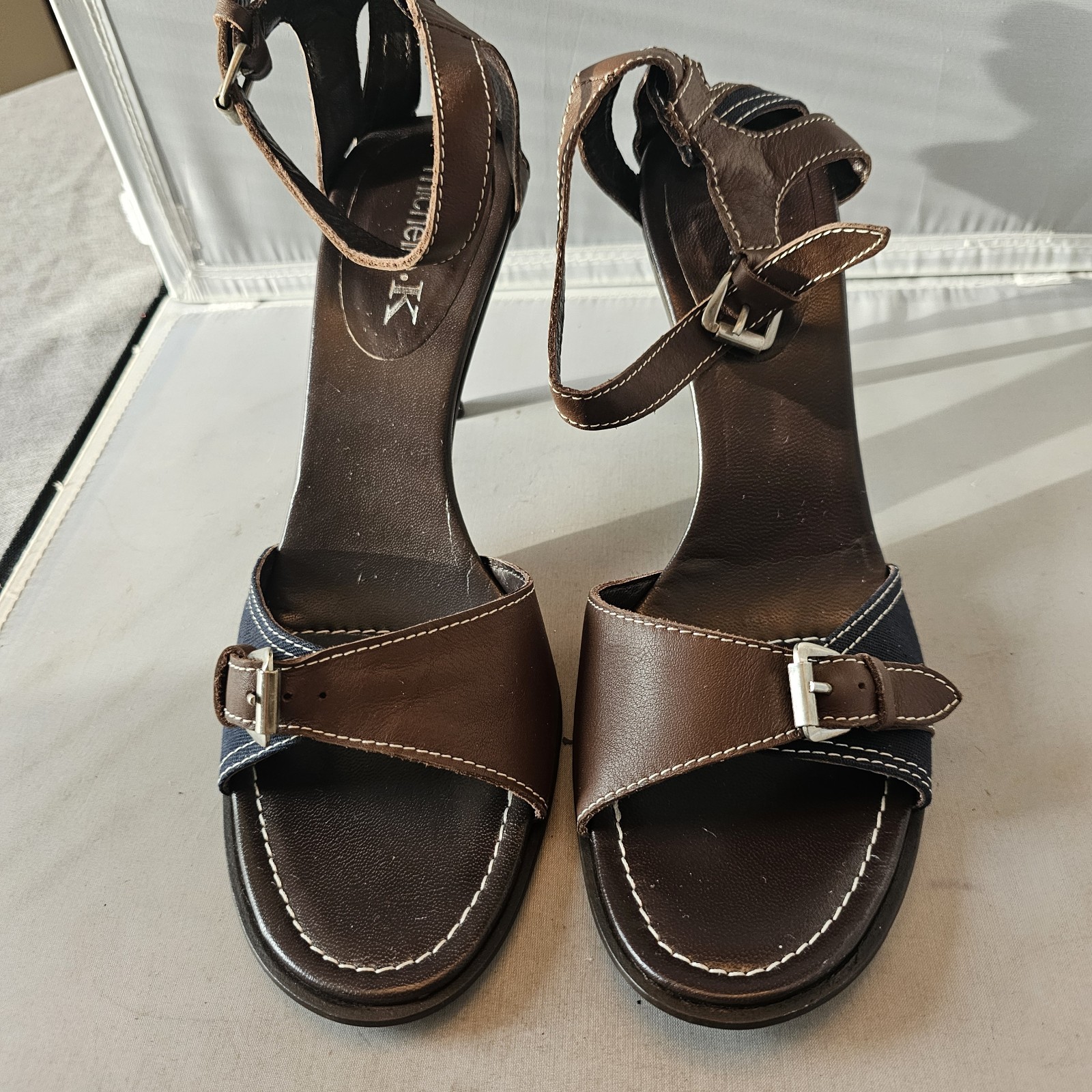 Michelle K Size 11 EU 41 Brown Navy 3.25″ High Heel Buckles Vero Cuoio Italy