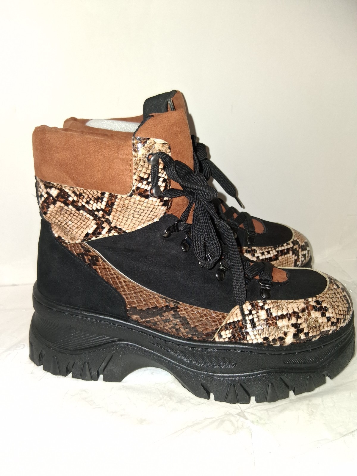 Bamboo Snake Print Platform Combat Boots.