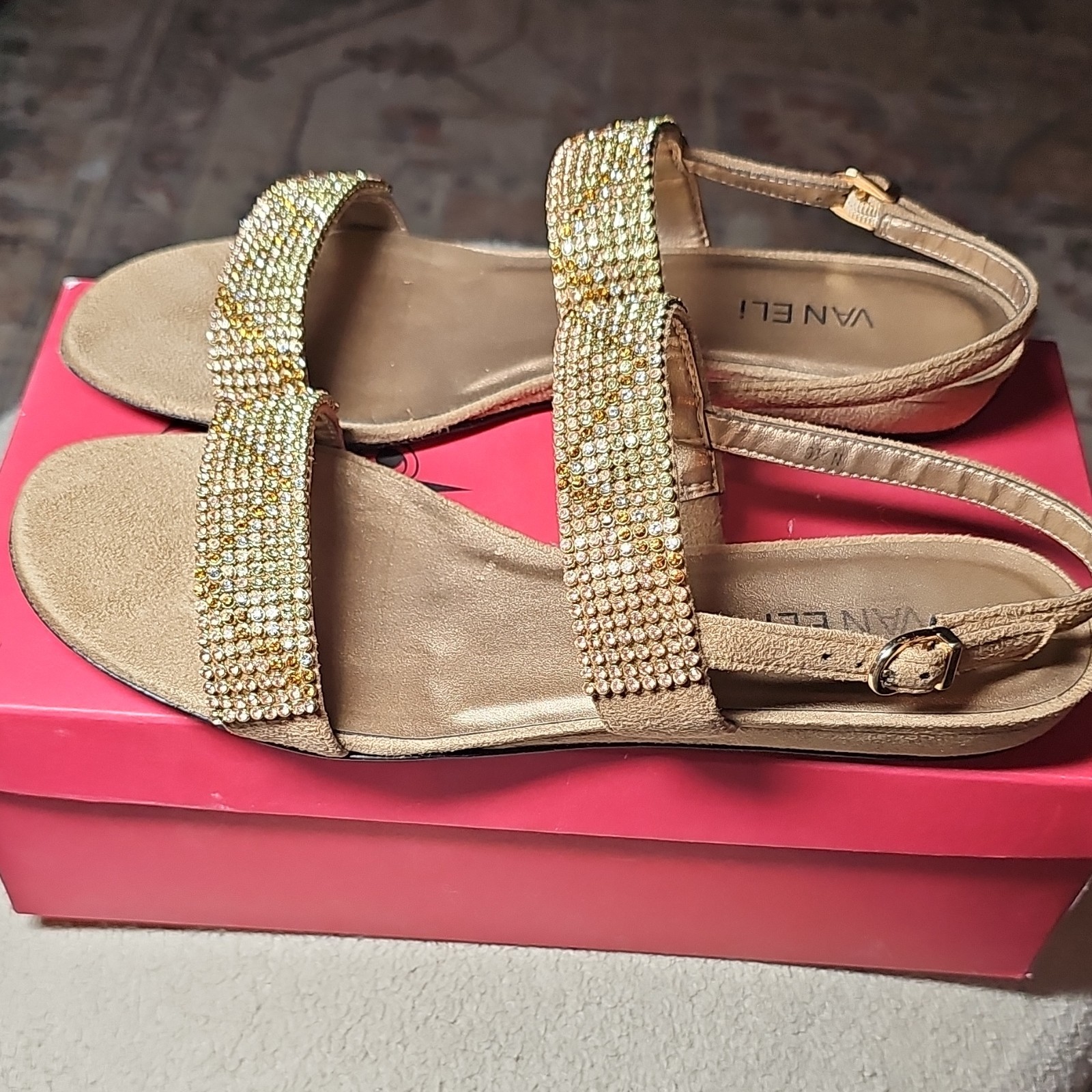 Vaneli Women’s Strappy Ankle Strap Buckle Suede Rhinestone Sandals Beige 9.5 N