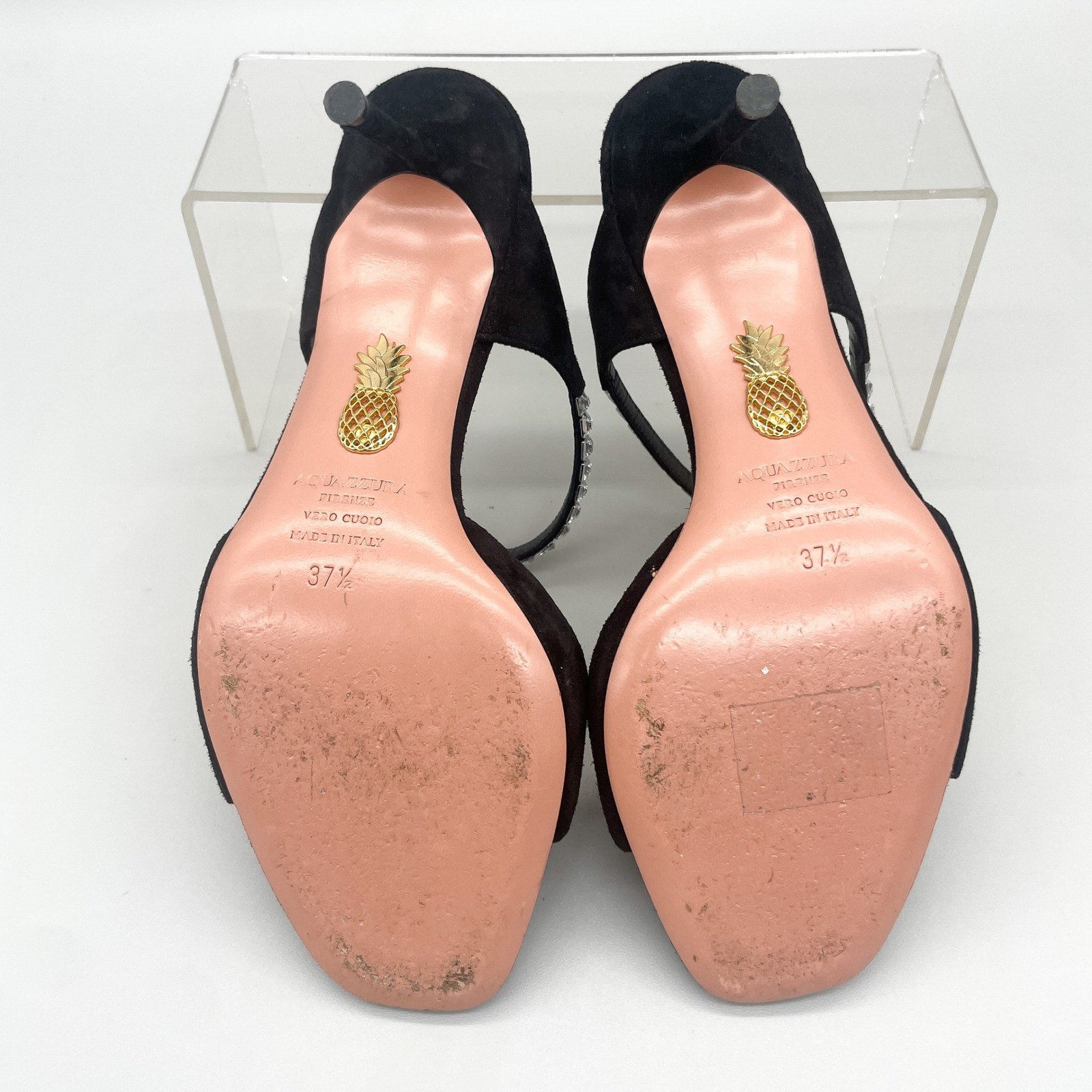 Aquazzura Diamante 75 Black Suede Crystal Sandals Mules Womens 37.5 Wedding Glam