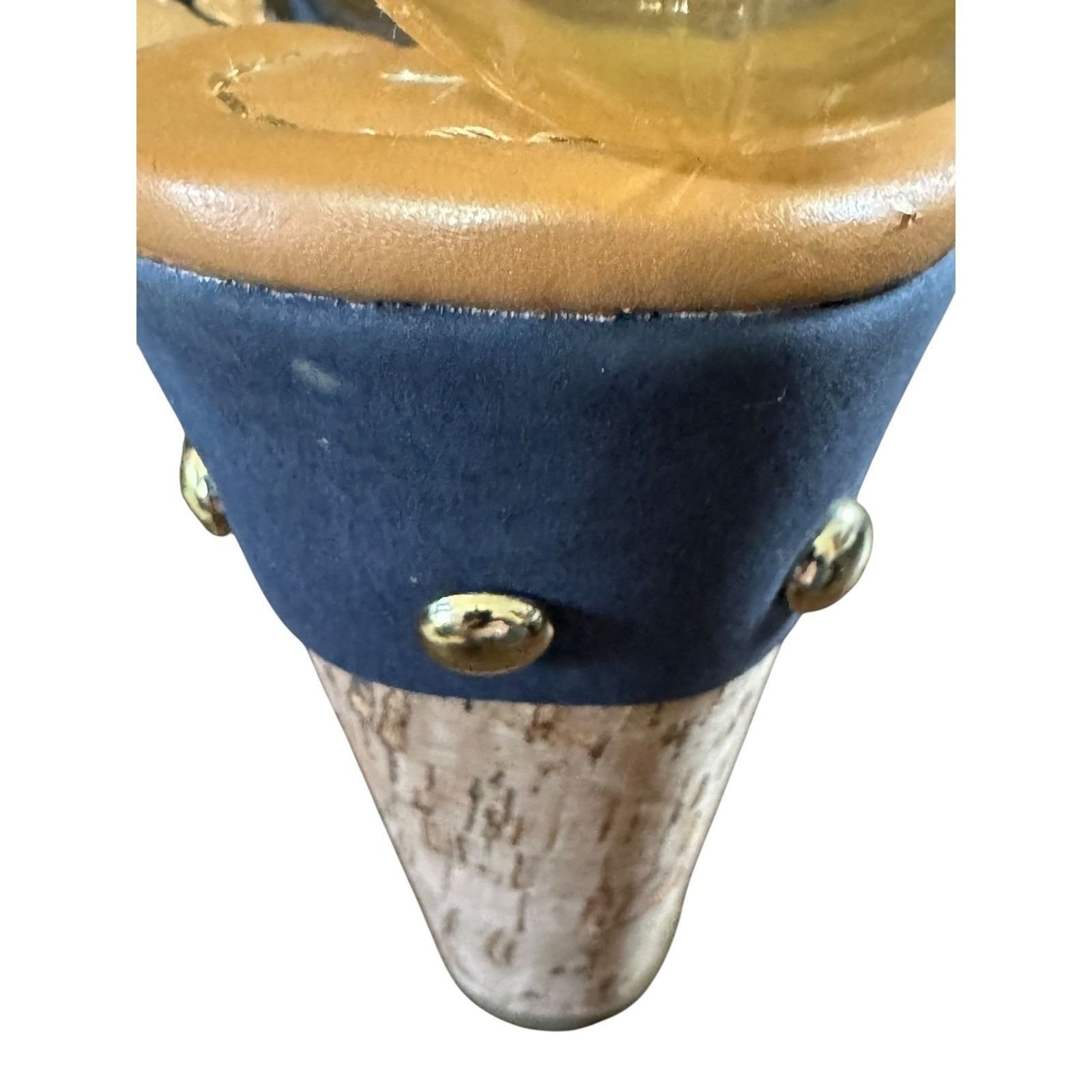 Tommy Hilfiger Womens Navy Blue Cork Wedge Sandals Gold Turn Lock Hardware 8M