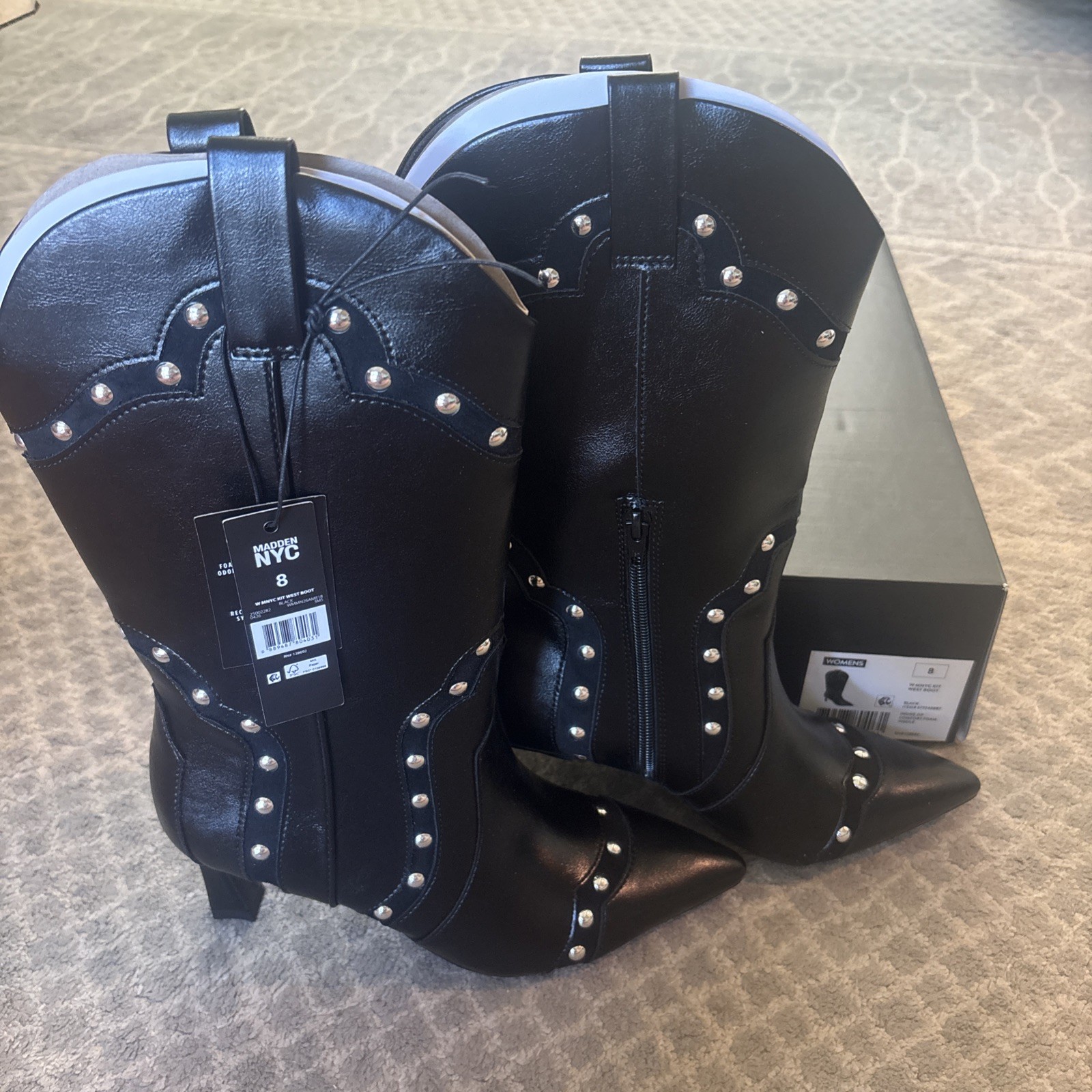 Steve Madden NYC Black Studded Western Style Heel Boot Woman’s Size 8 NIB