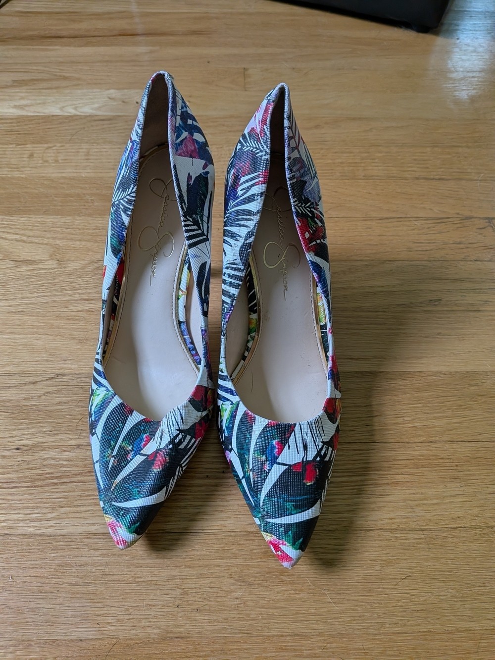 Jessica Simpson Cassani Multi Palm Print Tropical Stiletto Pumps Sz 9.5 Stiletto