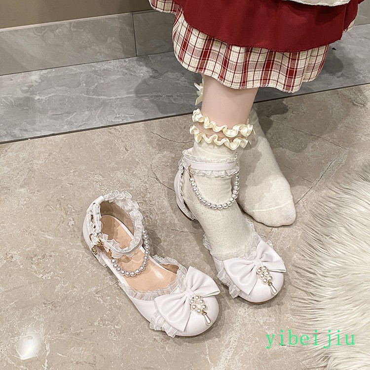 Women Girl Low Heel Lolita Mary Jane Wedding Party Beads Bowknot Party Shoes New