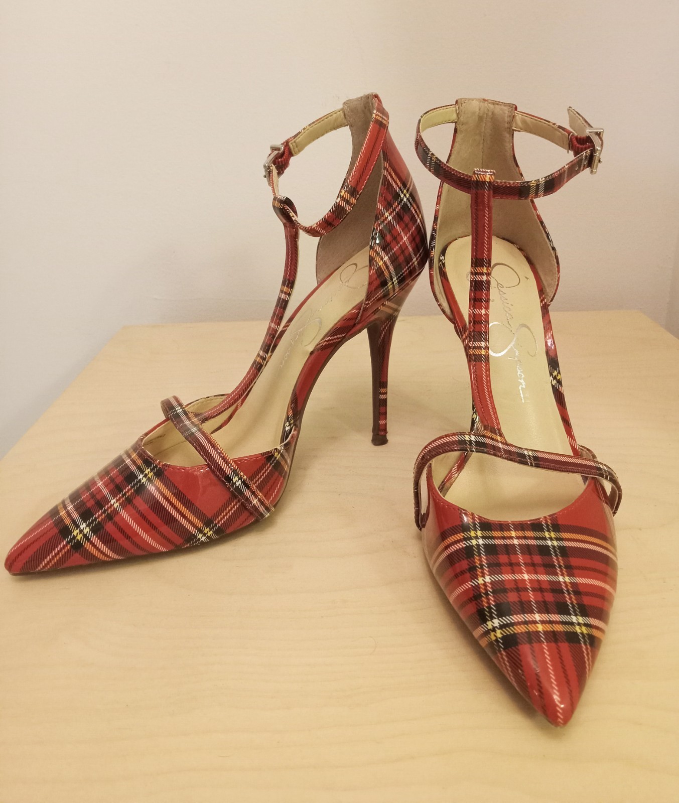 Jessica Simpson Red Plaid Pointed-Toe Ankle-Strap Heels