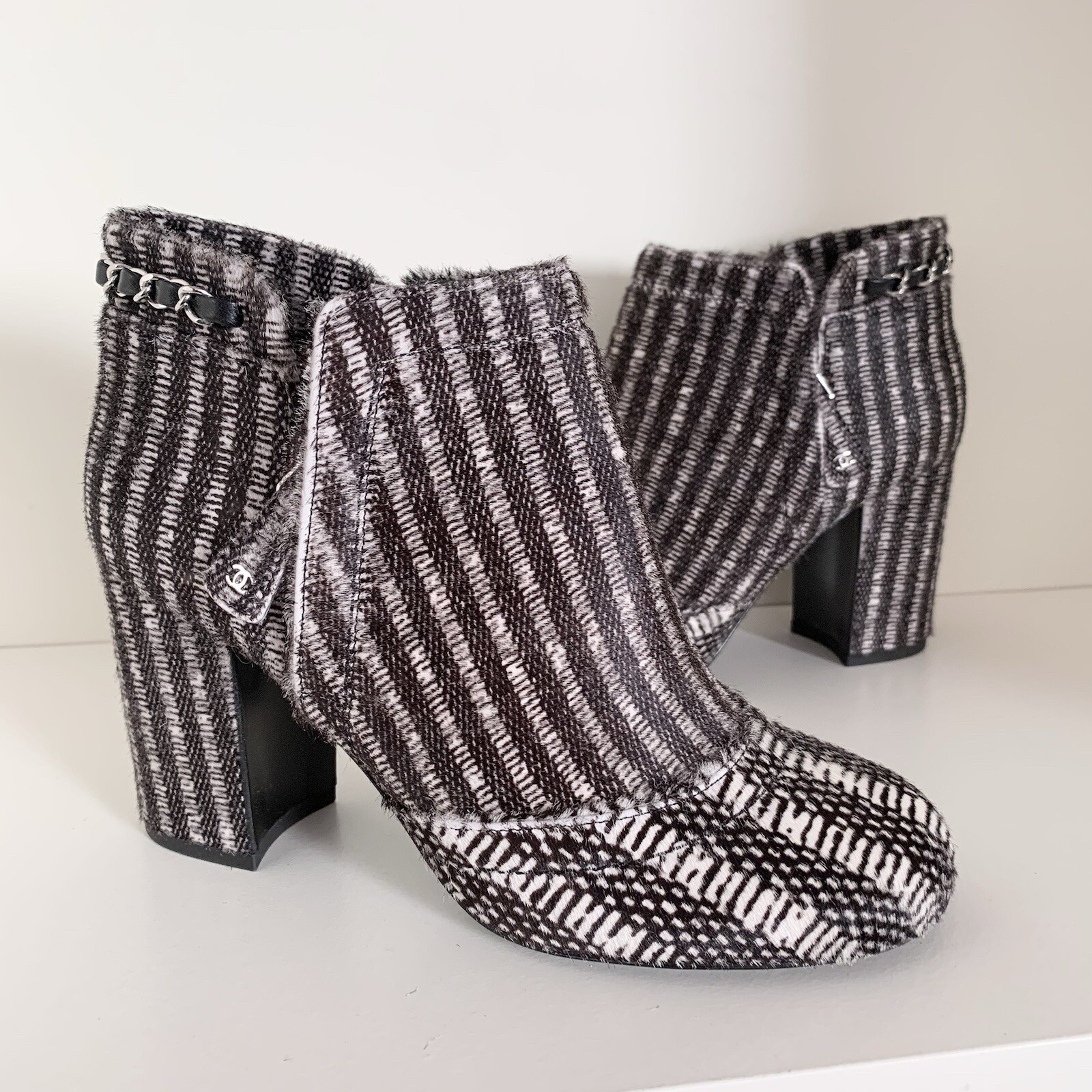 Chanel Pony Hair Chain Logo Zipper Heel Boots 36 Retail $2100