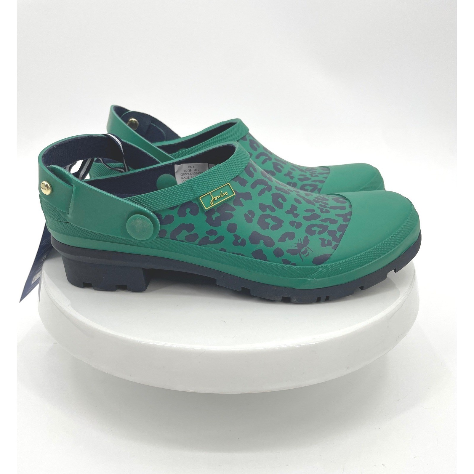 Joules Welly Clog Womens 7 Green Rubber Leopard Print Waterproof Rain Garden