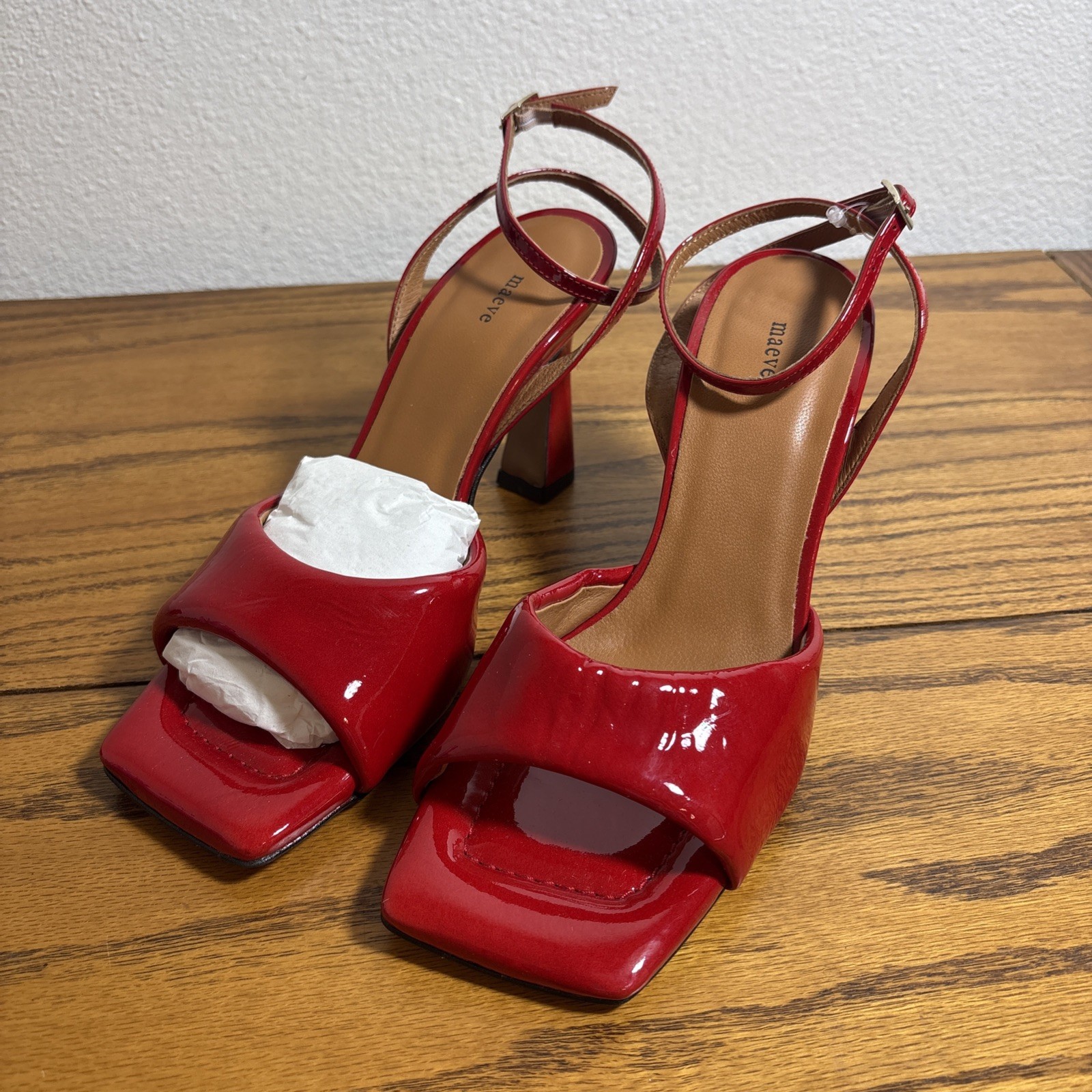 NEW Maeve Women’s Sz 39 RED Puffy Square-Toe Ankle-Strap Heels Party Cocktail