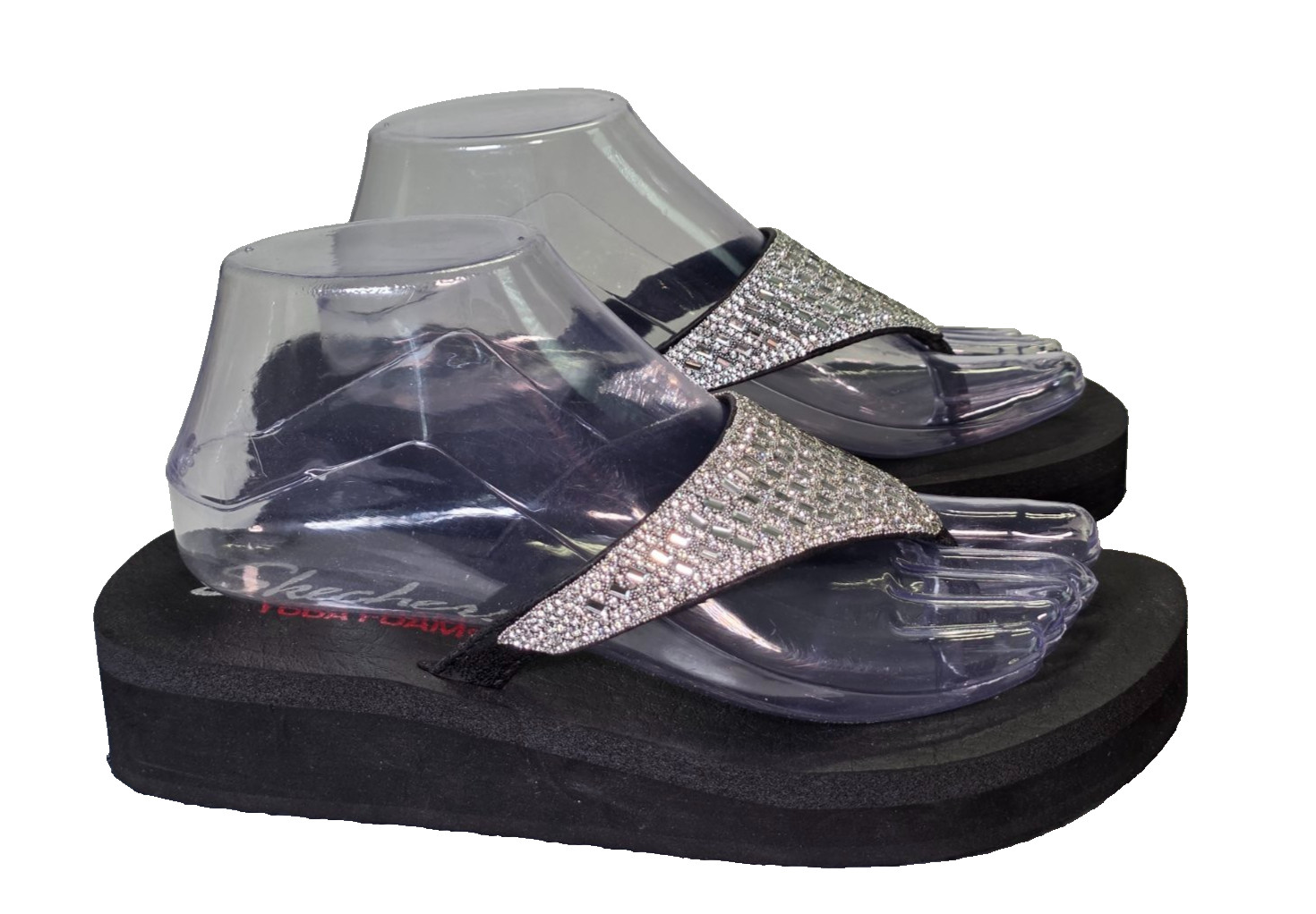 Skechers Yoga Foam Women’s Sandals Size 8 Black Silver Stone Flip Flop Shoes