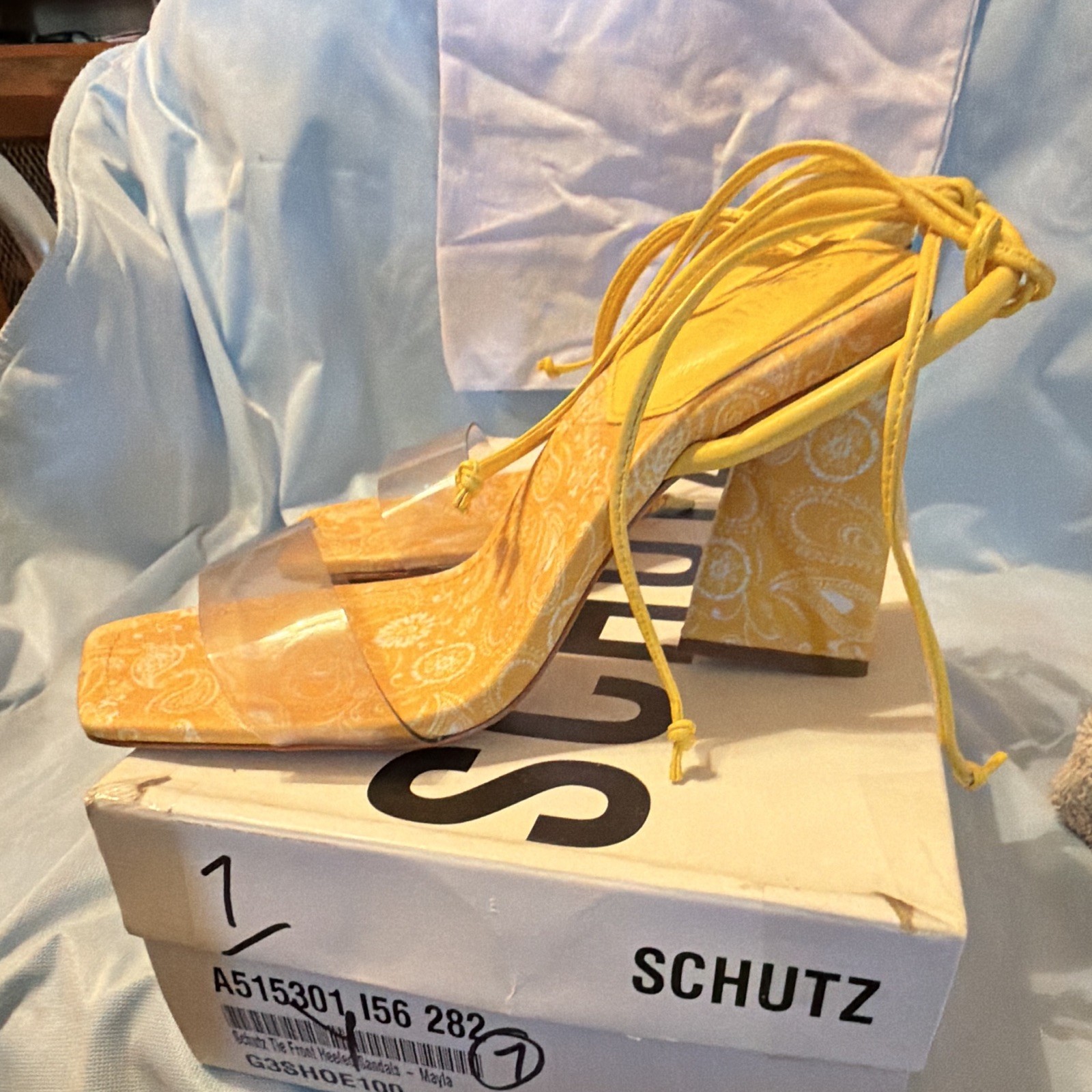 Schutz Yellow/Clear Paisley Tie Ankle Strap Sandals Women’s US 7