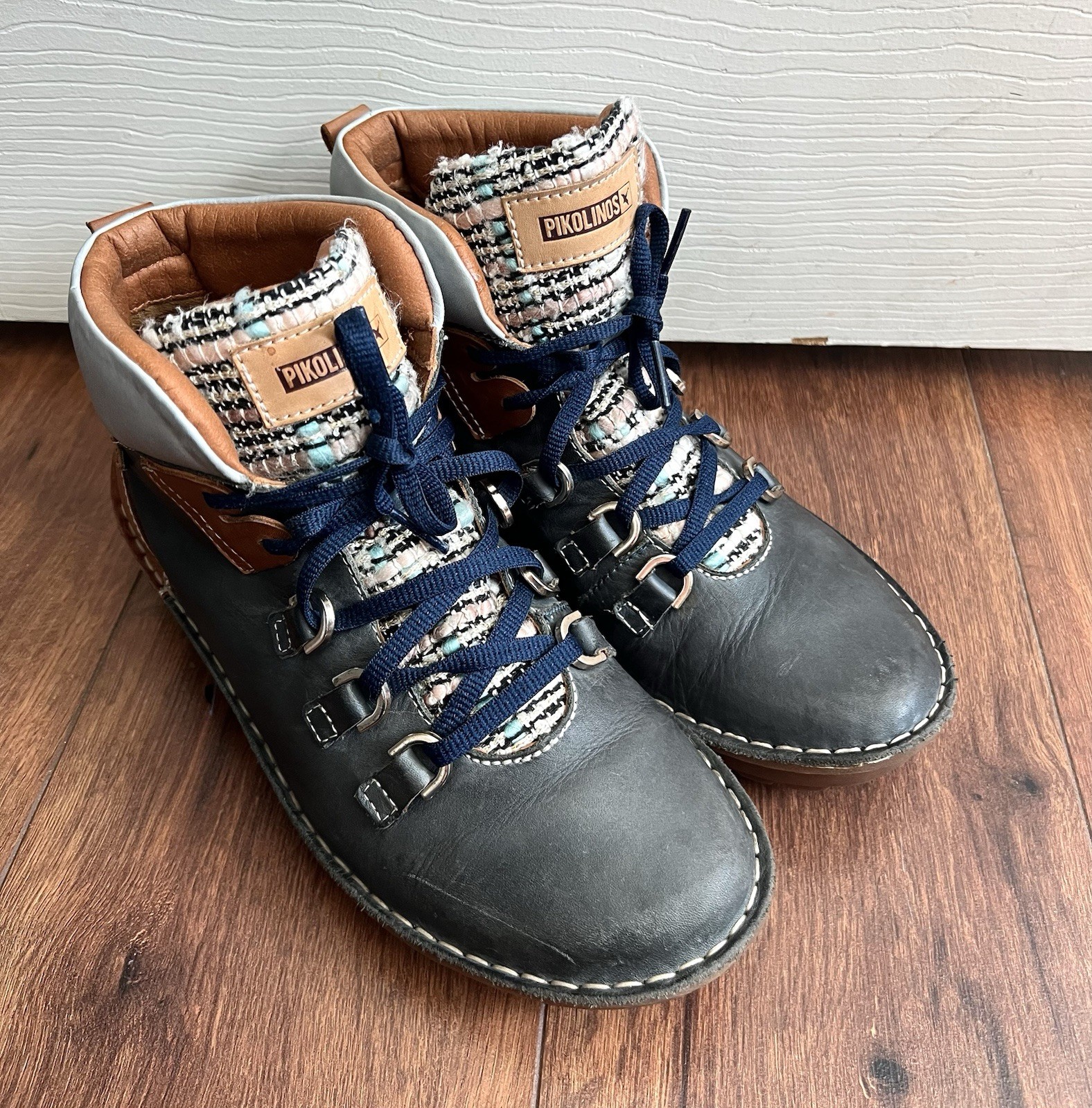 PIKOLINOS Women’s Cazorla W5U Blue Calfskin Leather Tweed Lace Up Ankle Boots 37