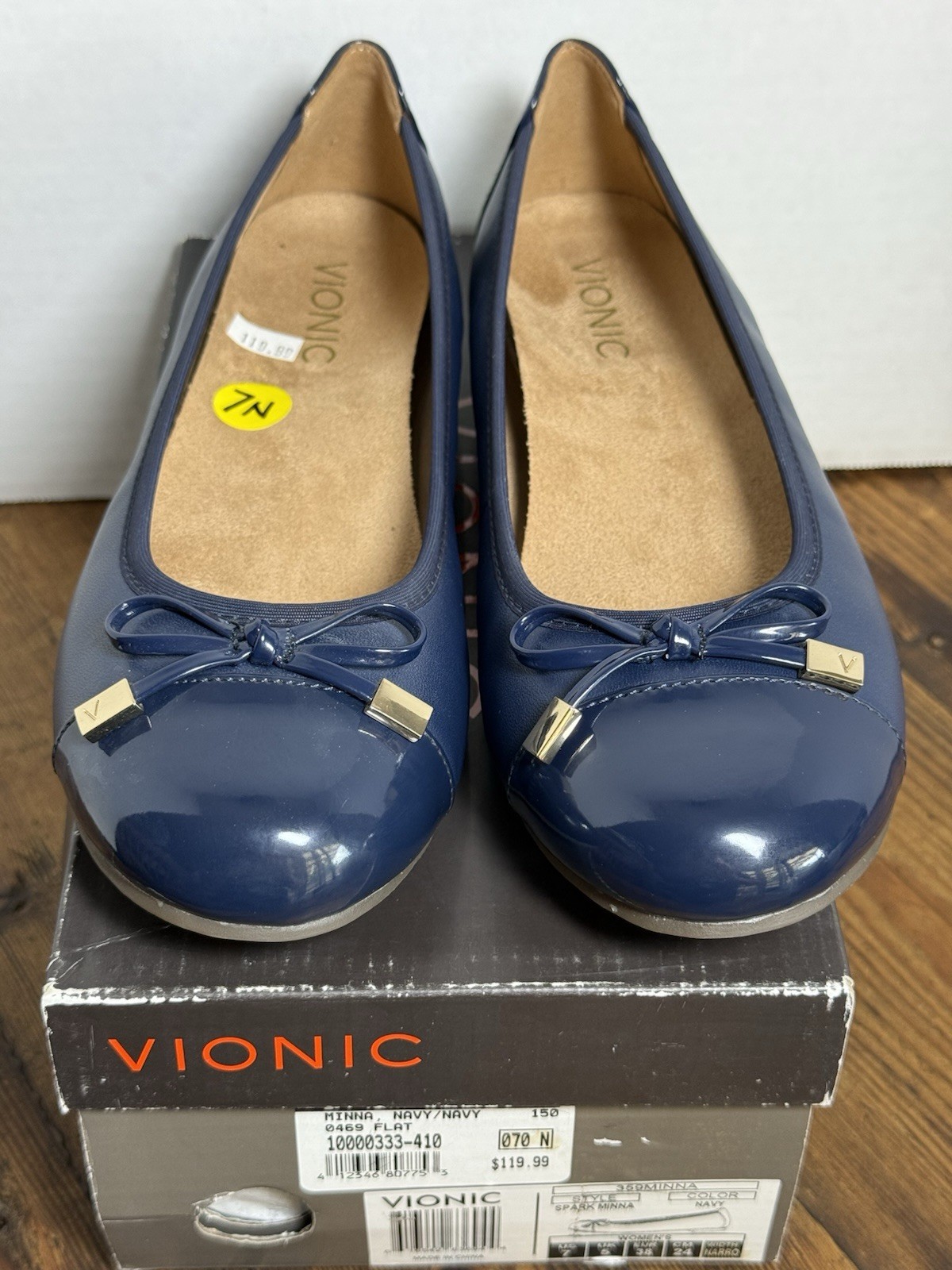 Vionic Minna Ballet Flat Size 7N (W)Blue Leather Slip On Shoe Cap Toe Bow NIB (H
