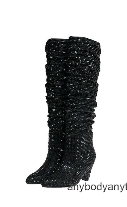 Rhinestone Crystal Covered Knee High Slouch Calf Boots for Women Point Toe Shoes