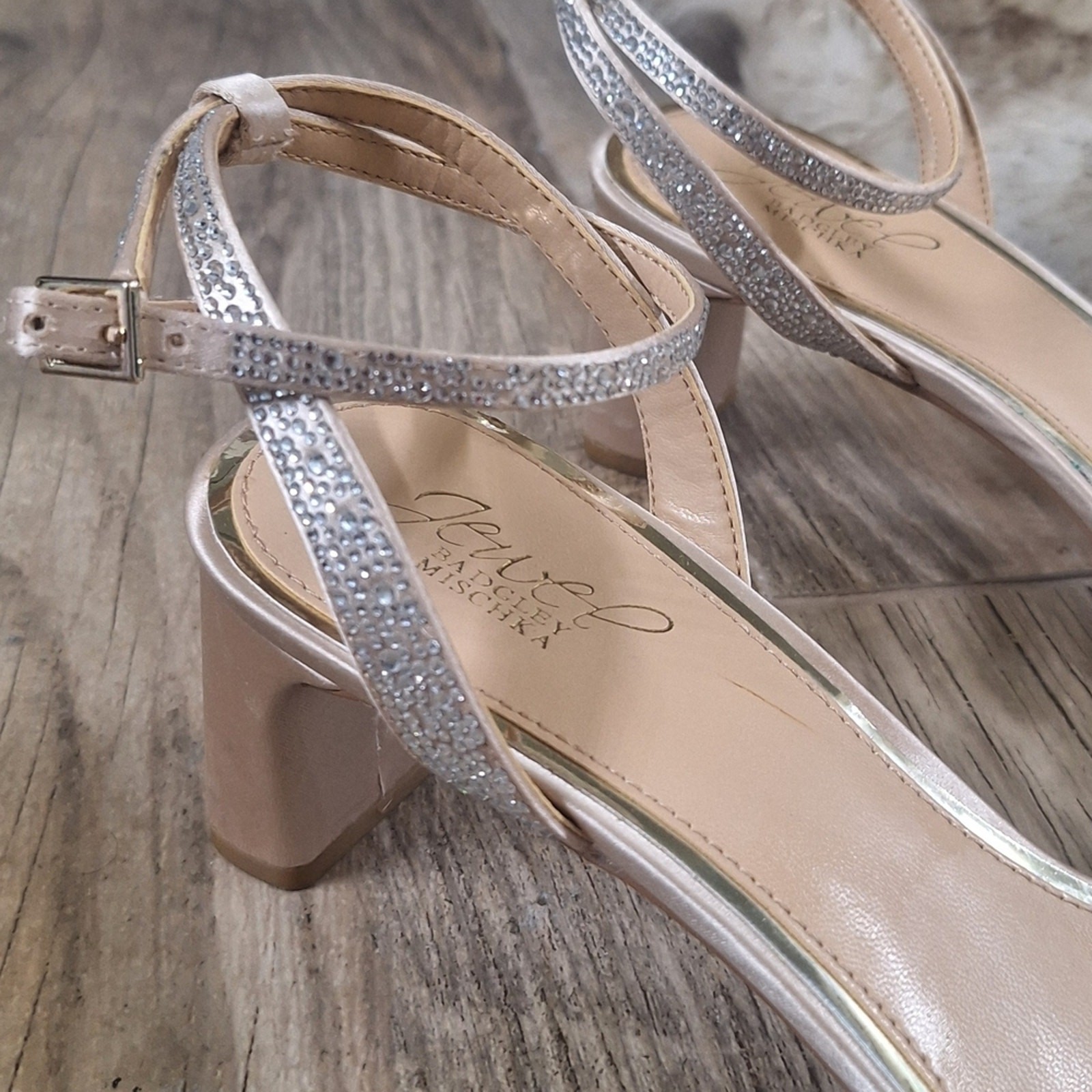 Badgley Mischka Blush Satin Rhinestone Strappy Block Heel Size 10 Sandals