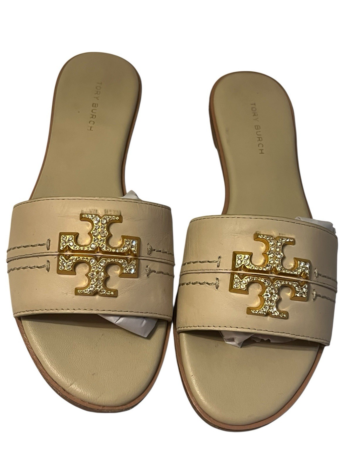 Tory Burch Everly Slide Sandals Calf Leather Crystal Logo Ivory Sz 6