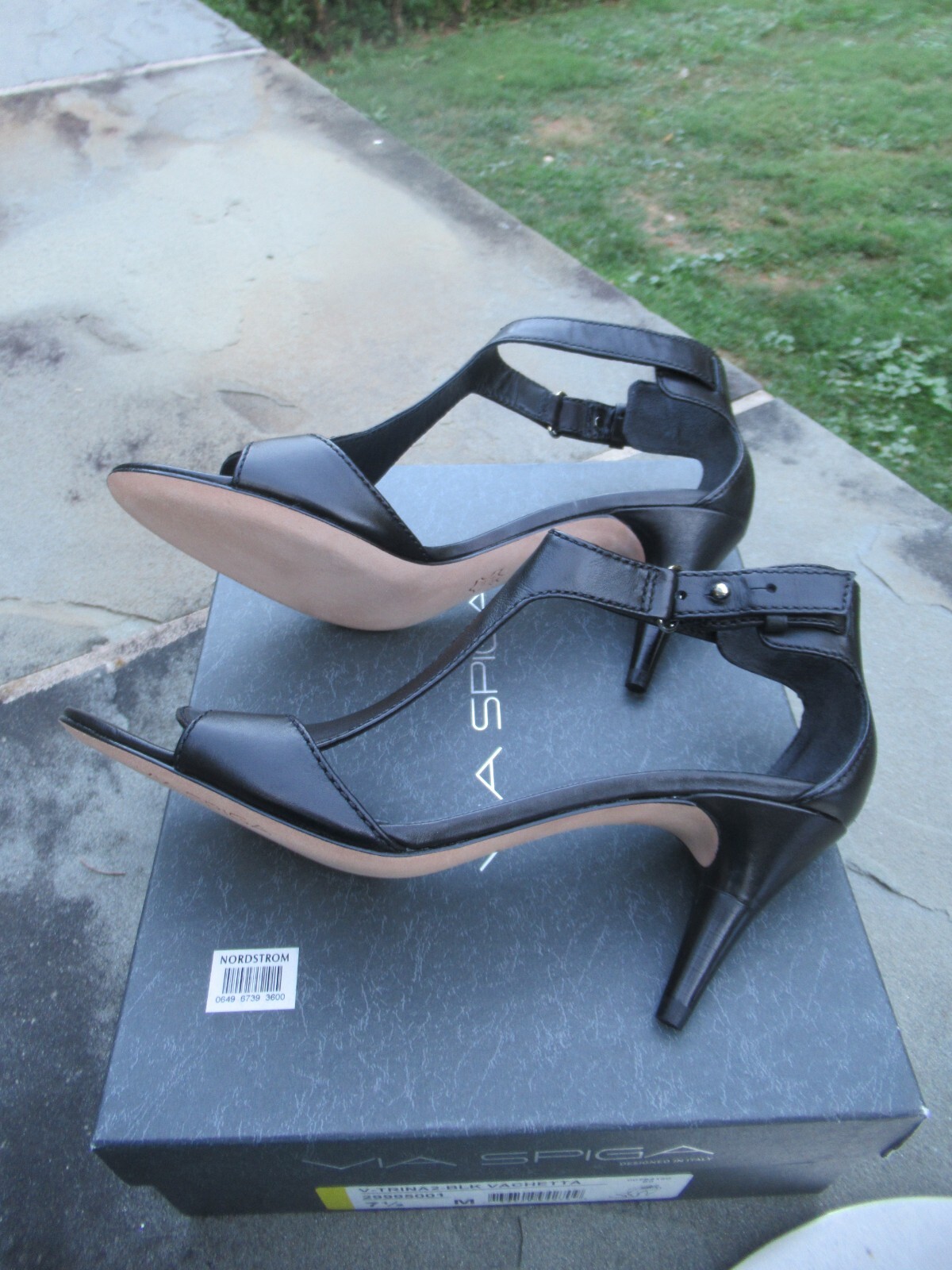 NIB Via Spiga V- Trina 2 Black Vachetta 3.25 in OpenToed Sandal Heels-7.5 M